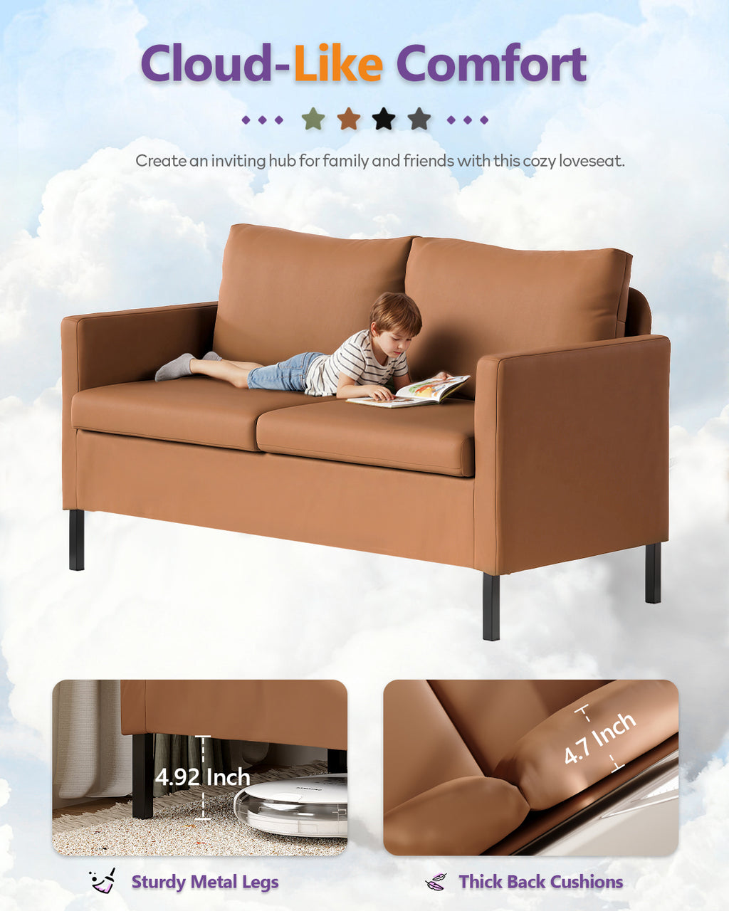 TYBOATLE Modern Faux Leather Small Couches for Small Spaces, Comfy Upholstered Brown Love Seat for Dorm, 2 Seater Mini Couch for Bedroom, Apartment, Office, Brown