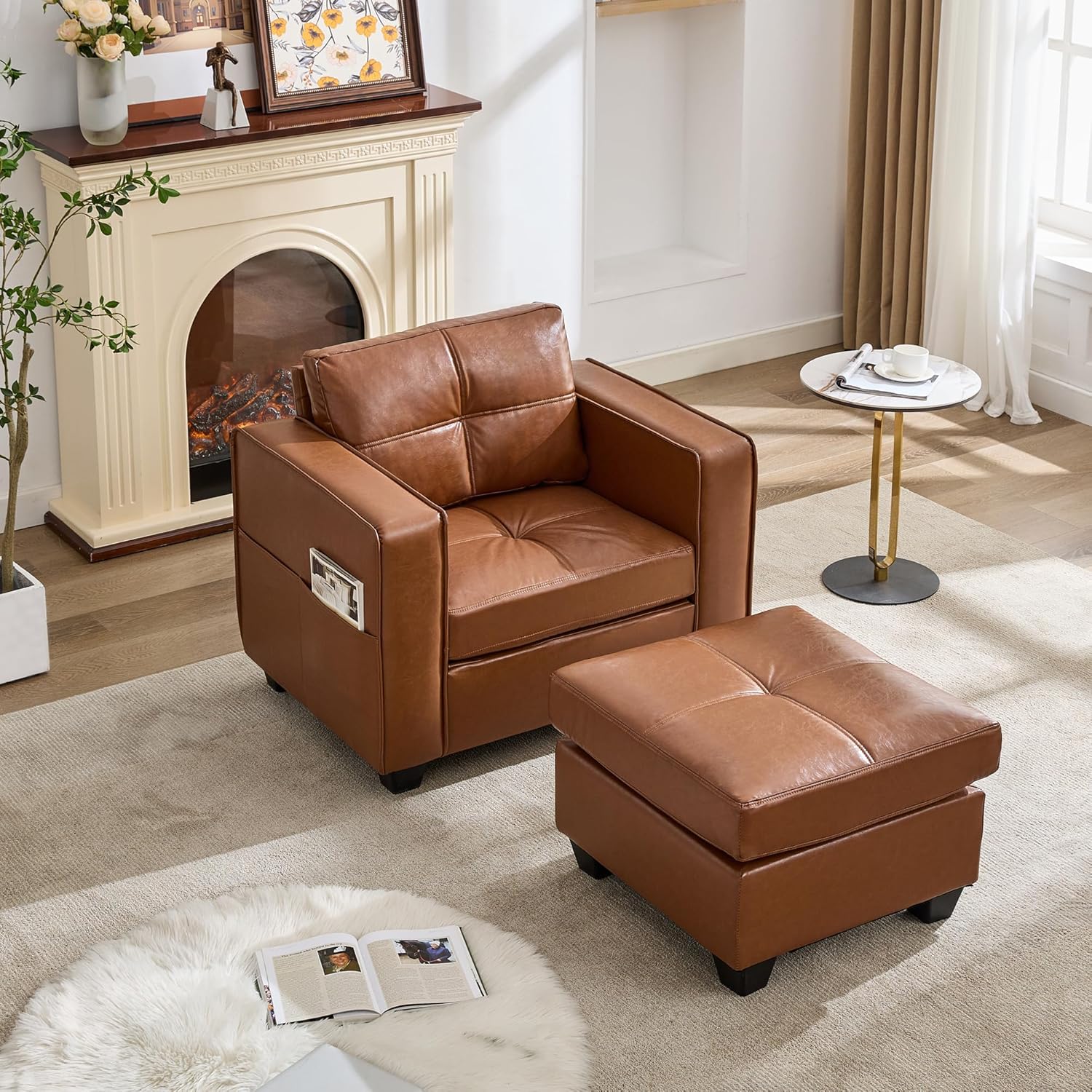 TYBOATLE Oversized Chaise Lounge Chair Indoor, Leather Accent Chair with Ottoman, Mid Century Modern Reclining Armchair with Pockets, Tufted Comfy Single Sofa for Bedroom, Living Room, Office (Brown)