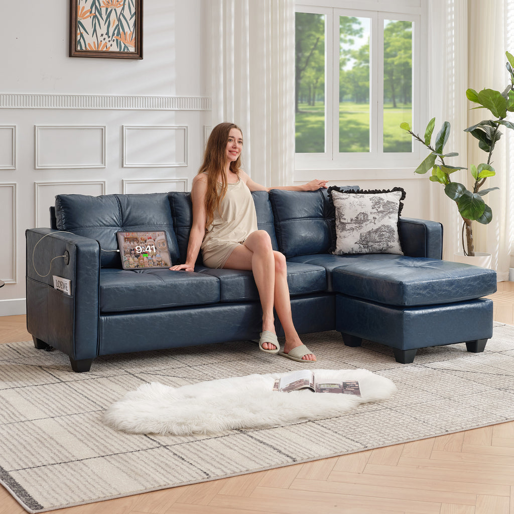 TYBOATLE 88" W Blue Faux Leather L Shaped Sectional Couches w/Side Pockets, Comfy Modular Convertible Sofas w/USB, Office Sofa Set with Chaise for Living Room, Bedroom (Blue, 3L)
