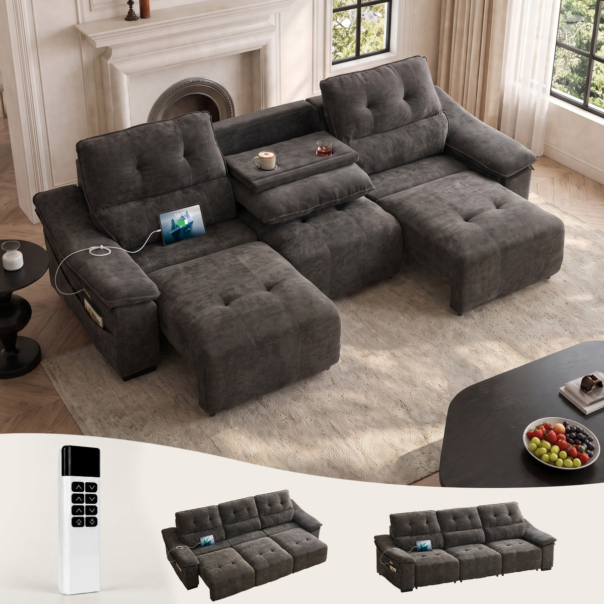 110” Electric Extendable Couch, Home Theater Seating, Reclining Sofa Bed