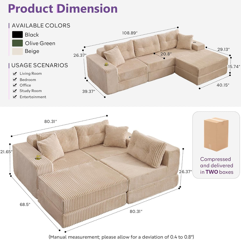 TYBOATLE Modular Sectional Sofa Couch, Corduroy Cloud Boneless Foam Couch with Deep Seats & Cup Holder, Modern Comfy Sleeper Sofa with L-Shape Chaise, No Assembly (Cream Beige)