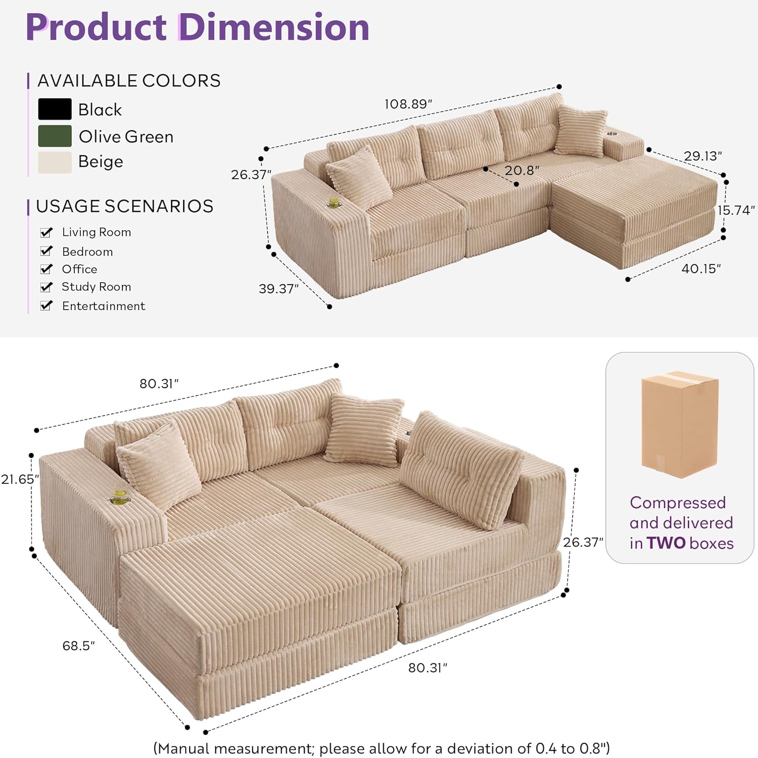 TYBOATLE Modular Sectional Sofa Couch, Corduroy Cloud Boneless Foam Couch with Deep Seats & Cup Holder, Modern Comfy Sleeper Sofa with L-Shape Chaise, No Assembly (Cream Beige)