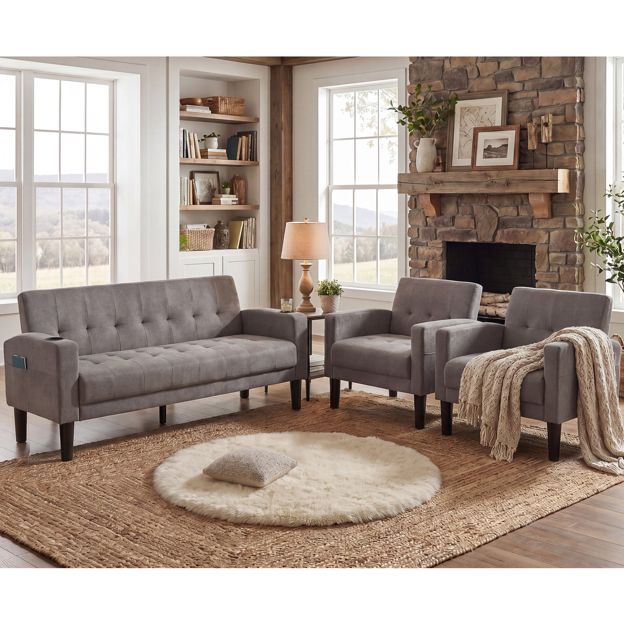 TYBOATLE Sofa Couch 62" W Loveseat w/ 2 USB Charger Ports & 2 Cupholders, Mid-Century Modern Black Leather Tufted Small Love Seat Couches for Office, Compact Living Room, Bedroom (Light Grey, 2+1+1)