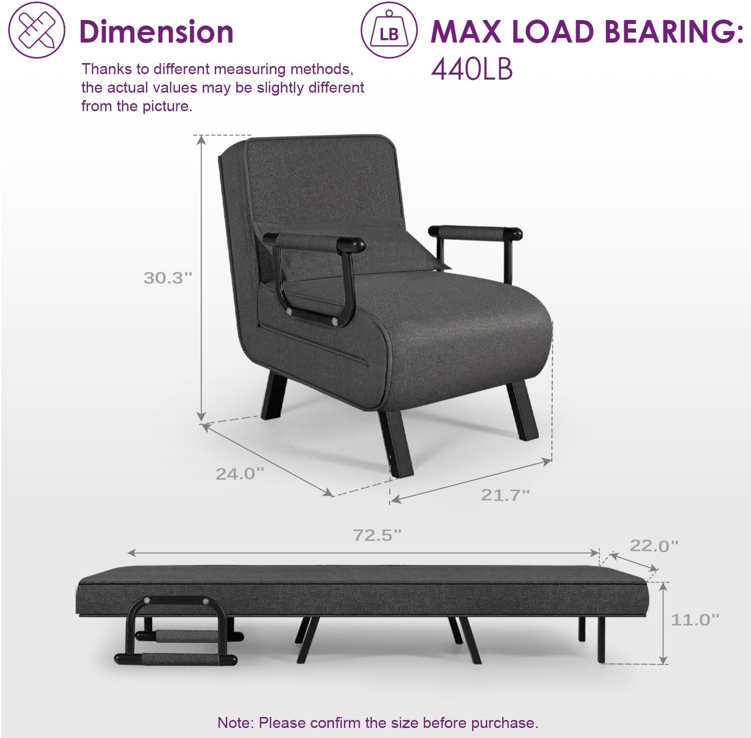 TYBOATLE Sleep Chair Bed, Comfy Convertible Sleeper Chairs for Adults, 5 in 1 Folding Sofa Bed with 5-Position Adjustable Backrest & Pillow, Cozy Small Chair Couch for Small Spaces, Office (Dark Grey)