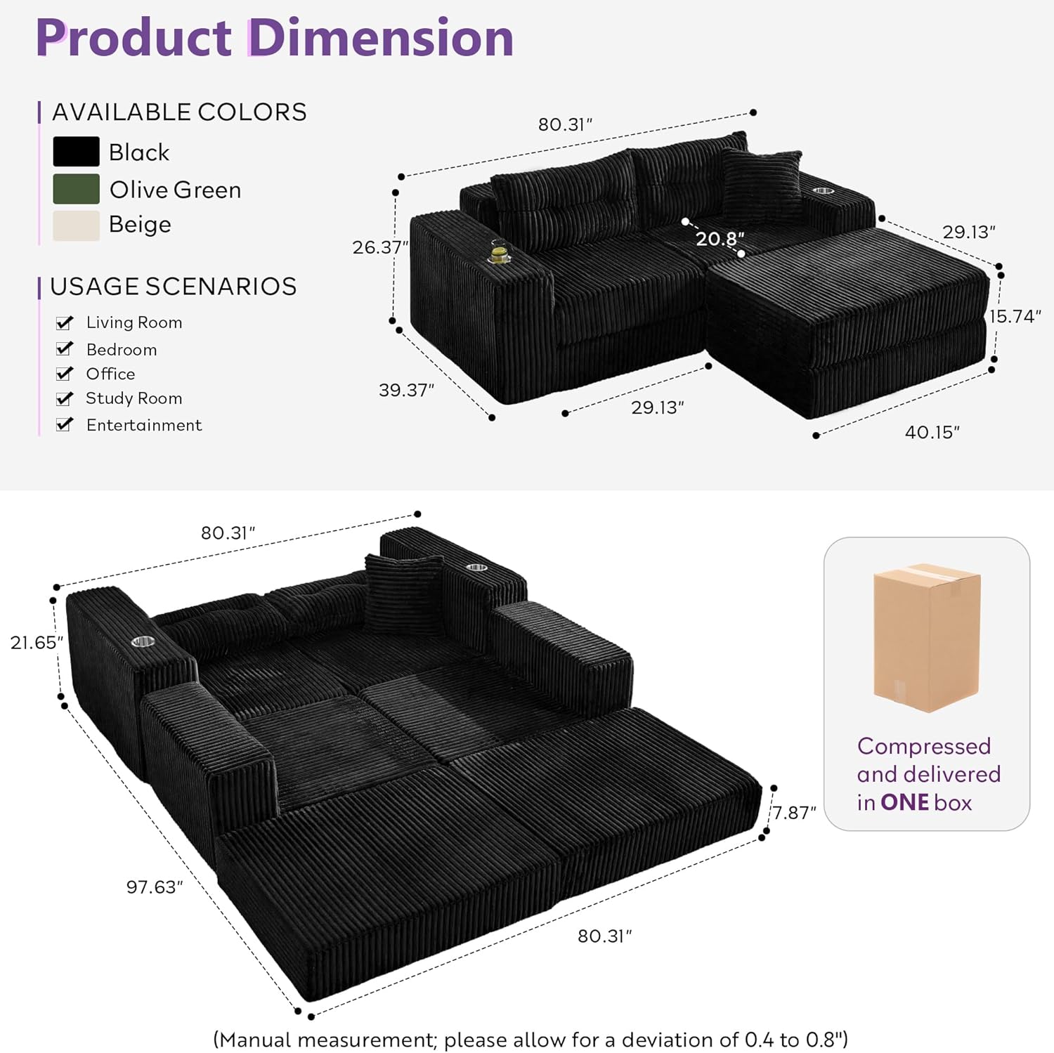 TYBOATLE Modular Cloud Sofa Loveseat with Ottoman, Modern Corduroy Boneless Sectional Foam Couch with Deep Seats, Convertible Sleeper Sofa Bed for Living Room, No Assembly (Black, 2 Seat)