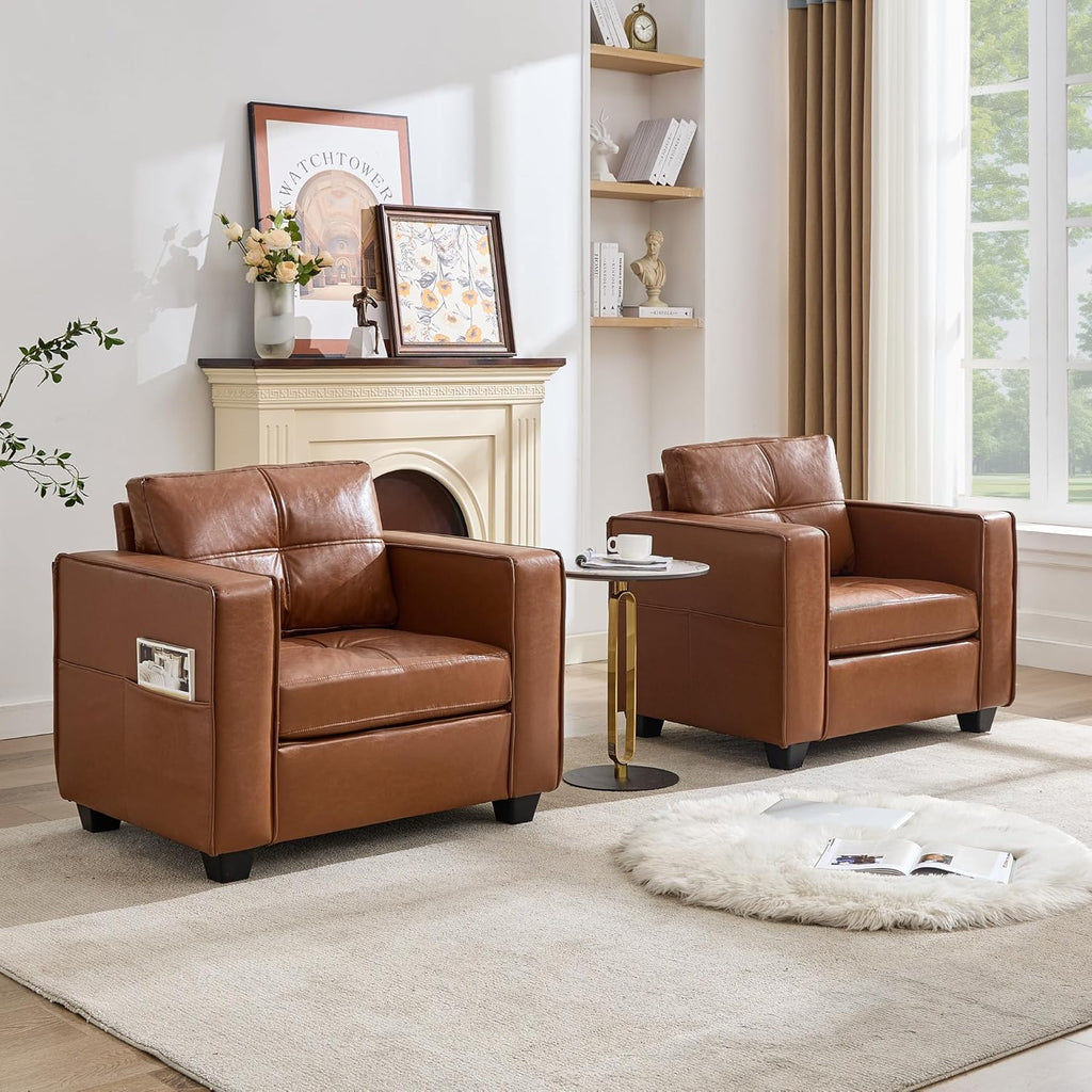 TYBOATLE Brown Faux Leather Accent Chair Set of 2, Comfy Living Room Chair Reading Oversized Accent Chairs Tufted Mid Century Modern Arm Chair, 38.58" Wide Armchair for Office Bedroom Lobby