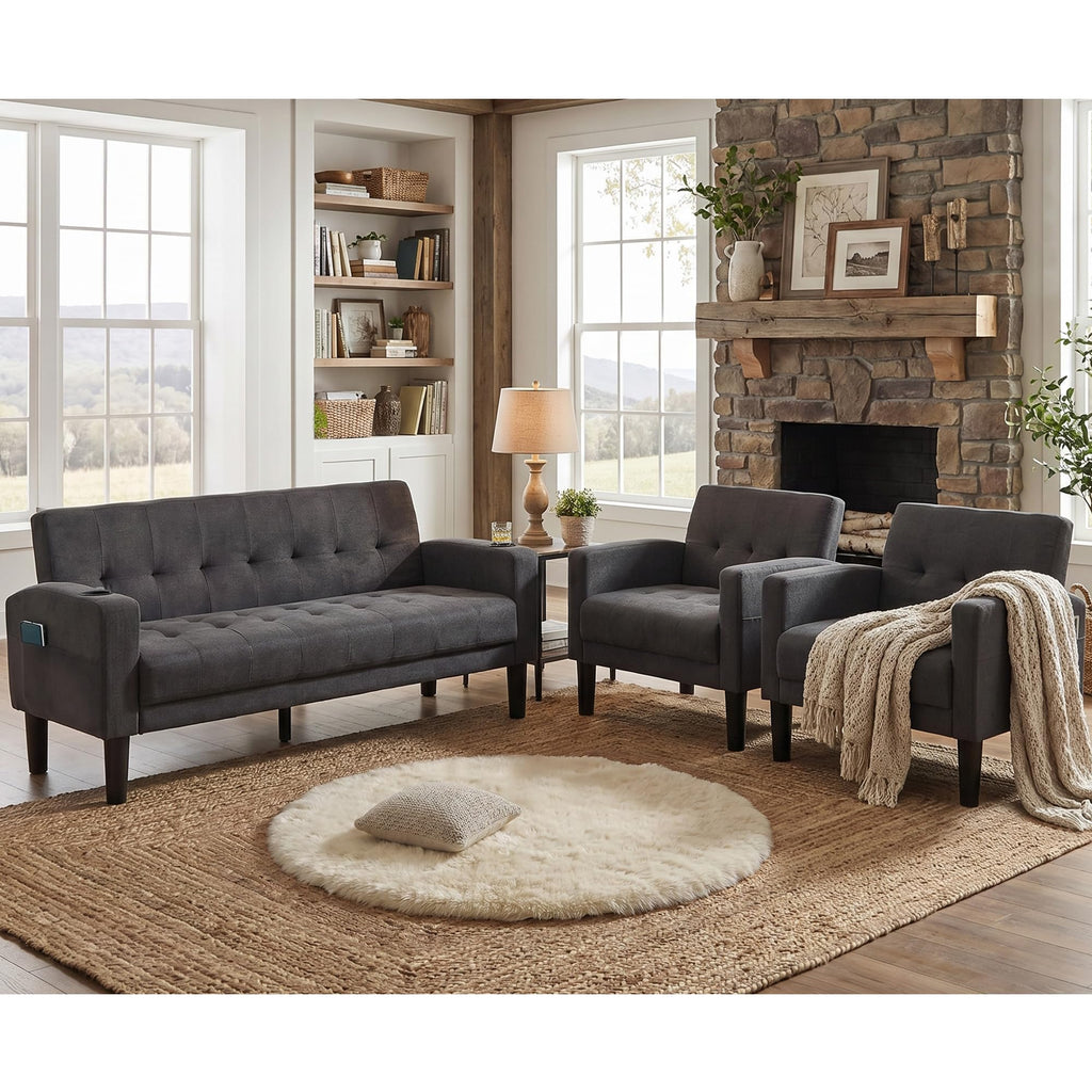 TYBOATLE Grey Couch and Chairs, 3 Piece Living Room Furniture Set with USB & Type-C