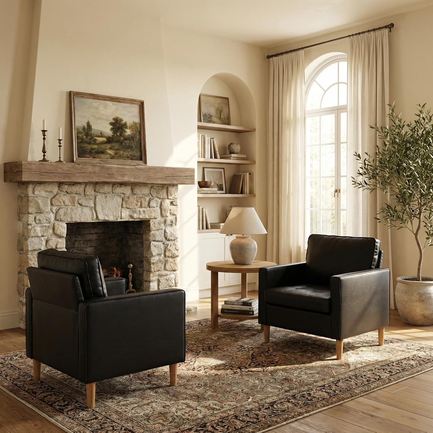 TYBOATLE Accent Chairs Set of 2, Black Leather Chair with Tufted Seat & Wood Legs, Mid-Century Modern Living Room Chair, Upholstered Comfy Reading Chair, Armchair for Bedroom, Waiting Room, Office (2)