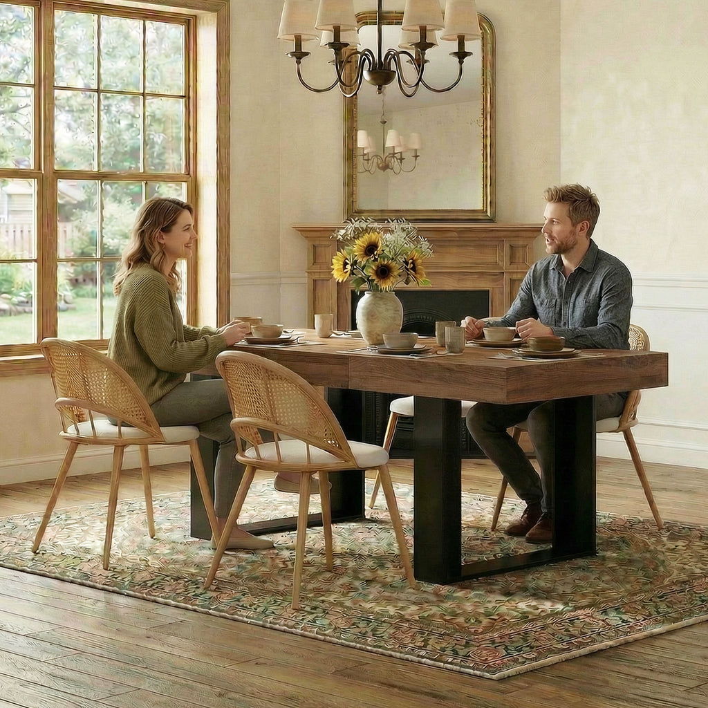 TYBOATLE 63'' - 79'' Extendable Dining Table Set for 4, Farmhouse Wooden Dining Room Table Set, 5 Piece Dinner Table Set with Upholstered Rattan Dining Chairs (Brown & White, 63''-79''- 4 Chairs)
