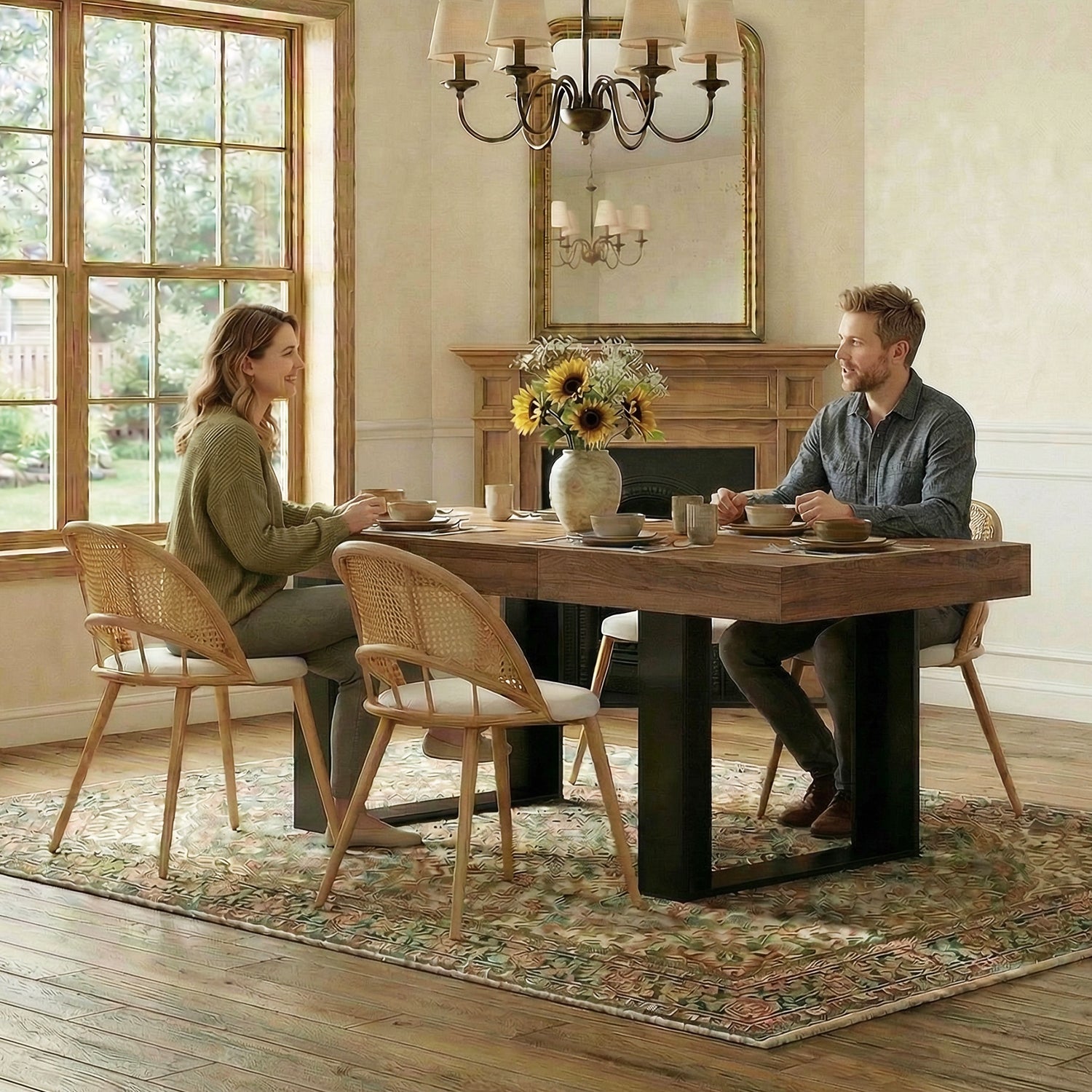 TYBOATLE 63'' - 79'' Extendable Dining Table Set for 4, Farmhouse Wooden Dining Room Table Set, 5 Piece Dinner Table Set with Upholstered Rattan Dining Chairs (Brown & White, 63''-79''- 4 Chairs)