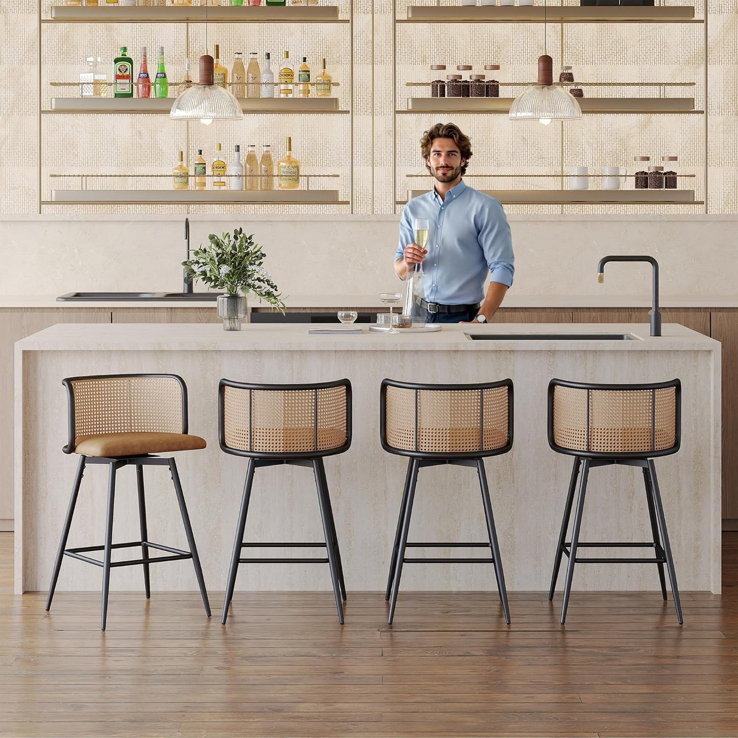 TYBOATLE Swivel Rattan Bar Stools Set of 4, 26” Counter Height Stools with Natural Rattan Woven Back and Faux Leather Seat, Mid-Century Modern Island Chairs Barstools for Kitchen, Brown
