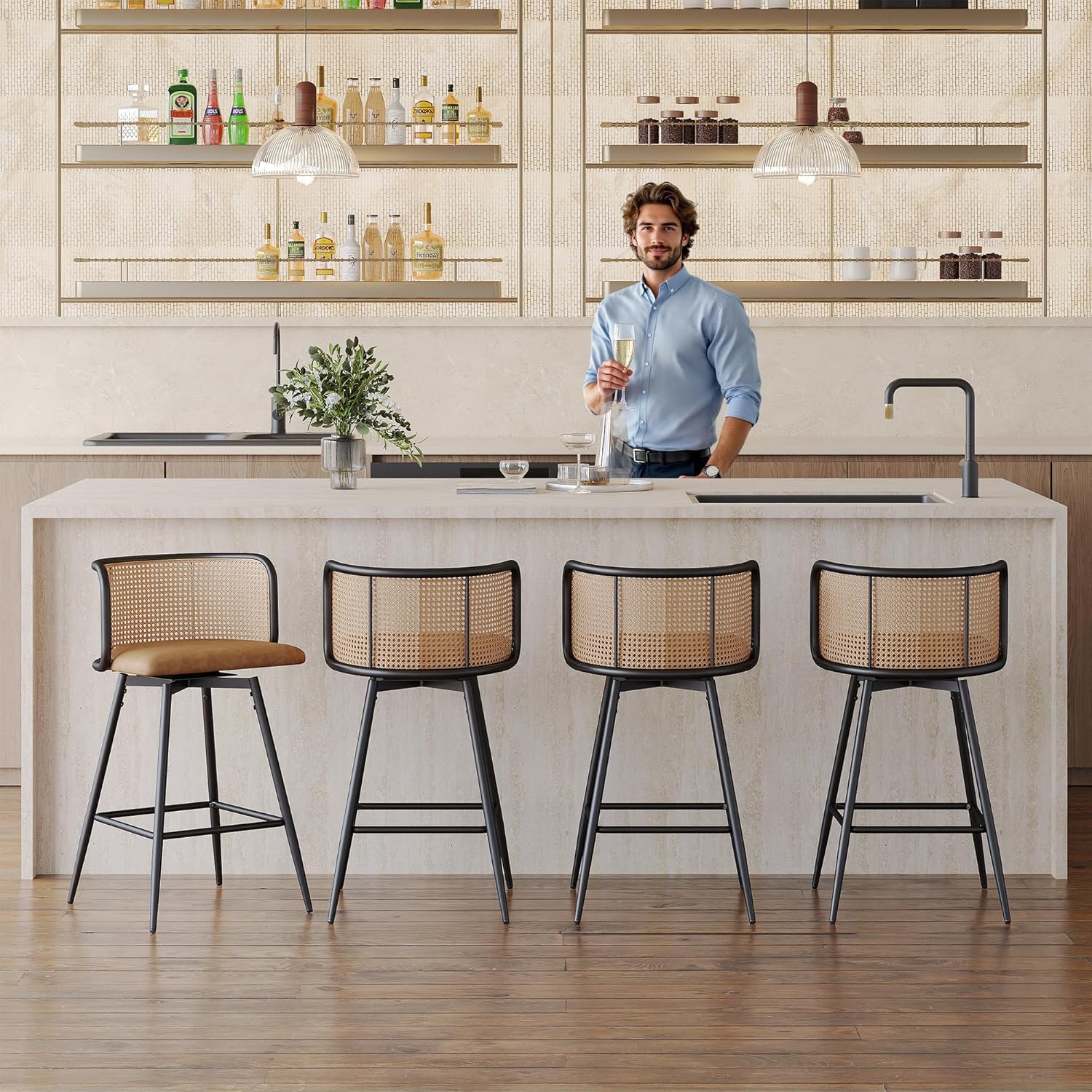 TYBOATLE Swivel Rattan Bar Stools Set of 4, 26” Counter Height Stools with Natural Rattan Woven Back and Faux Leather Seat, Mid-Century Modern Island Chairs Barstools for Kitchen, Brown