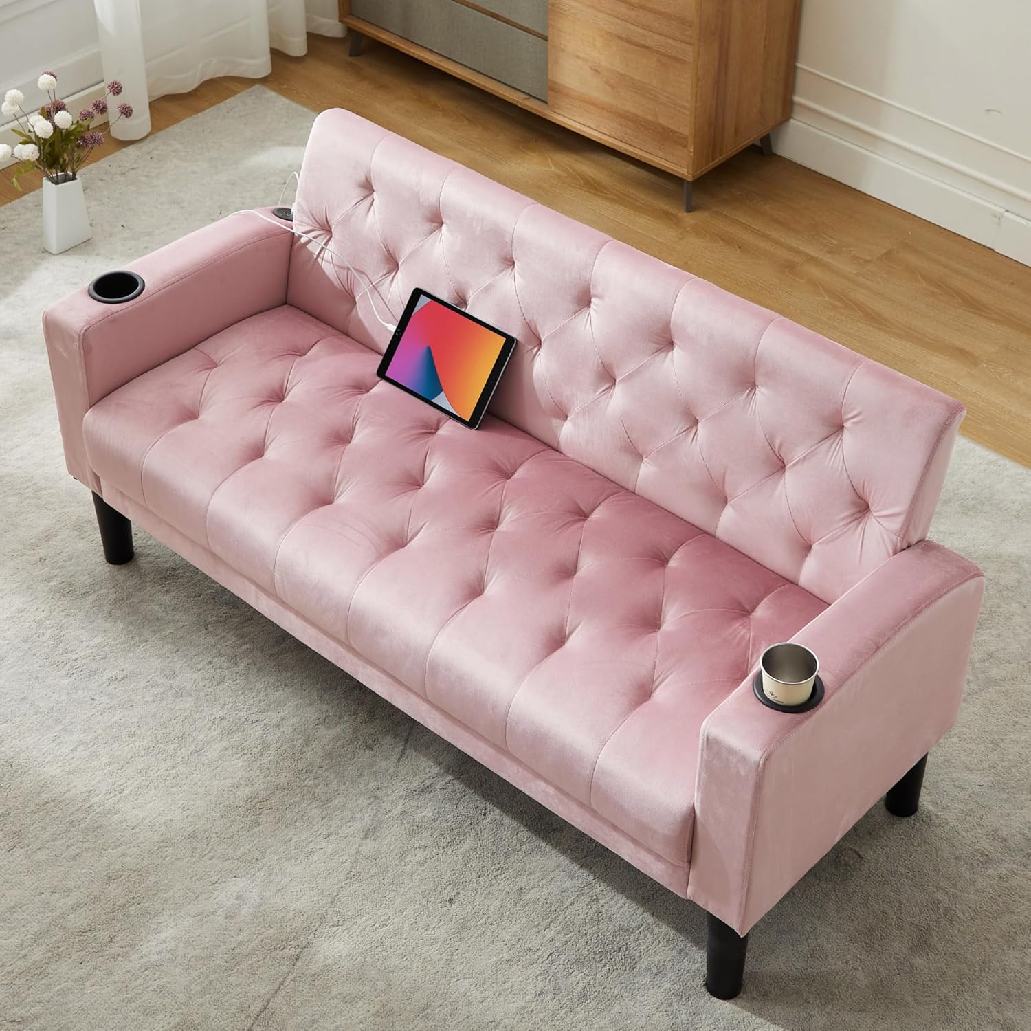 TYBOATLE 62" W Loveseat Sofa w/ 2 USB Charger Ports and 2 Cupholders, Mid-Century Modern Tufted Pink Velvet Small Love Seat Couches for Compact Living Room, Bedroom, Apartment, Dorm