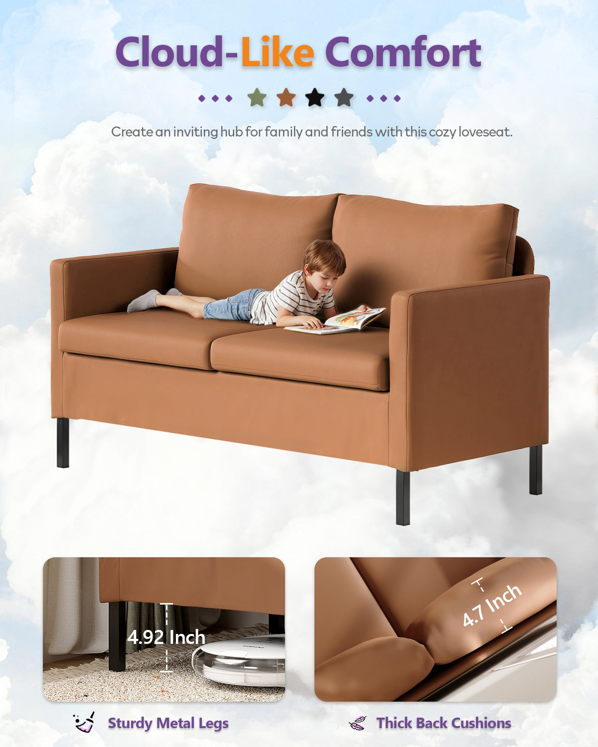 TYBOATLE Modern Faux Leather Small Couches for Small Spaces, Comfy Upholstered Brown Love Seat for Bedroom, 2 Seater Mini Couch for Dorm, Apartment, Office, Brown