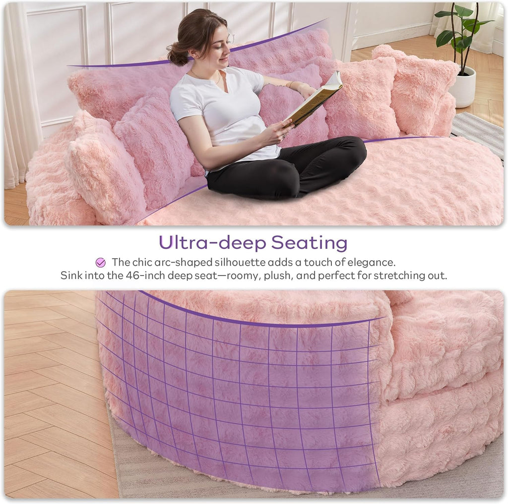 83’’ Oversized Round Sofa Bed w/Deep Seat, Round Chaise Lounge Chair Indoor w/Memory Foam, Comfy Fluffy Plush Cloud Couch w/Double Cushion, Circle Couch Bed for Livingroom, Bedroom (Pink)