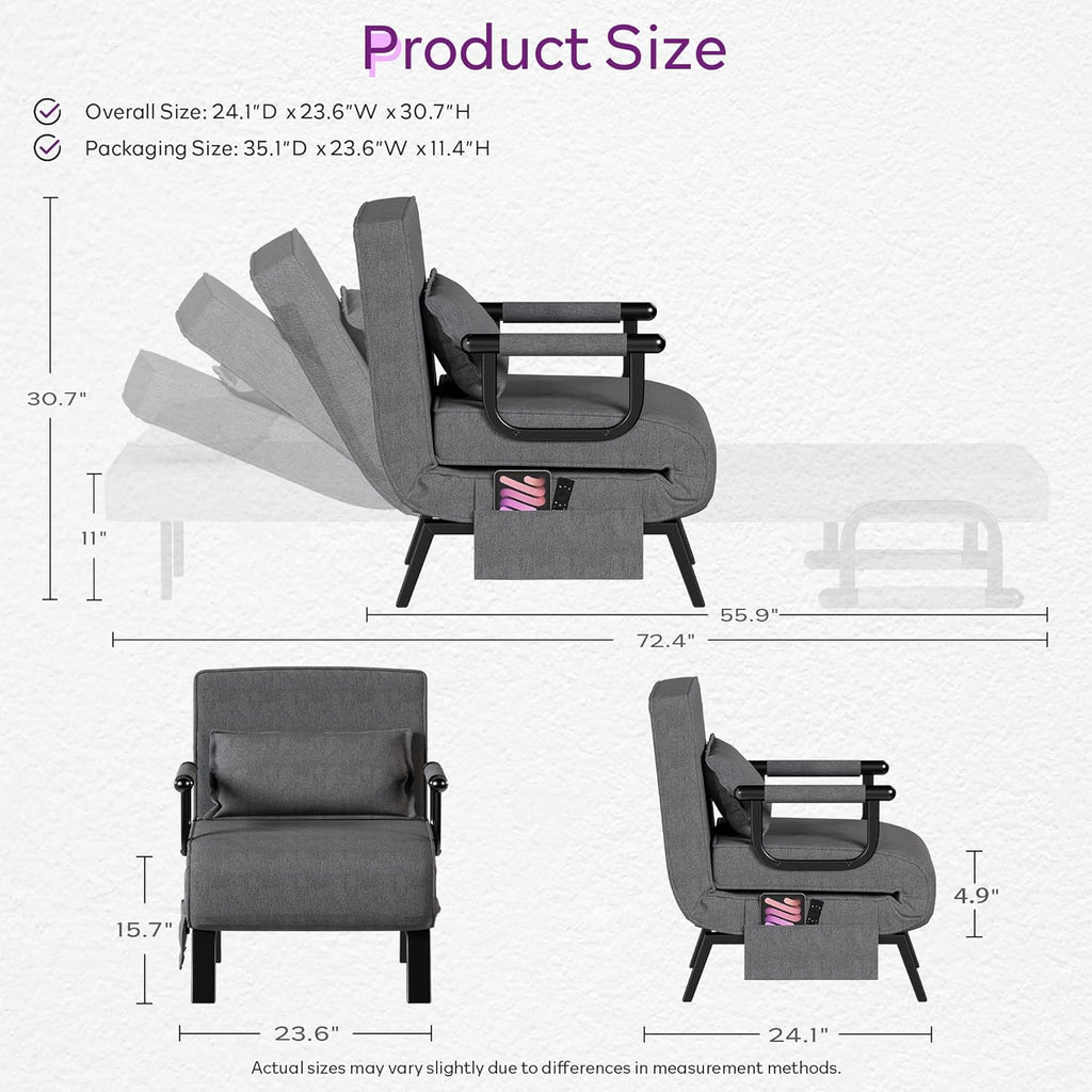 TYBOATLE Sleeper Chair Bed, Comfy Convertible Sleeper Futon Chairs for Adults, 5 in 1 Folding Bed Chair with Adjustable Backrest & Side Pockets & Pillow, Cozy Small Sofa for Small Spaces (Dark Grey)