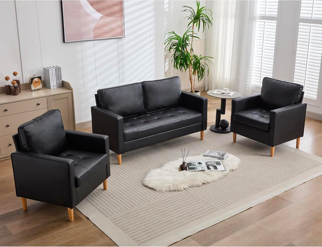 TYBOATLE Black Faux Leather Sofa Couch, 3 Piece Living Room Furniture Set (Black, 3)