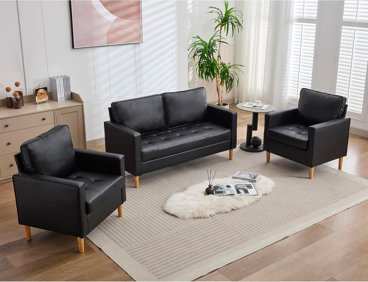 TYBOATLE Black Faux Leather Sofa Couch, 3 Piece Living Room Furniture Set (Black, 3)