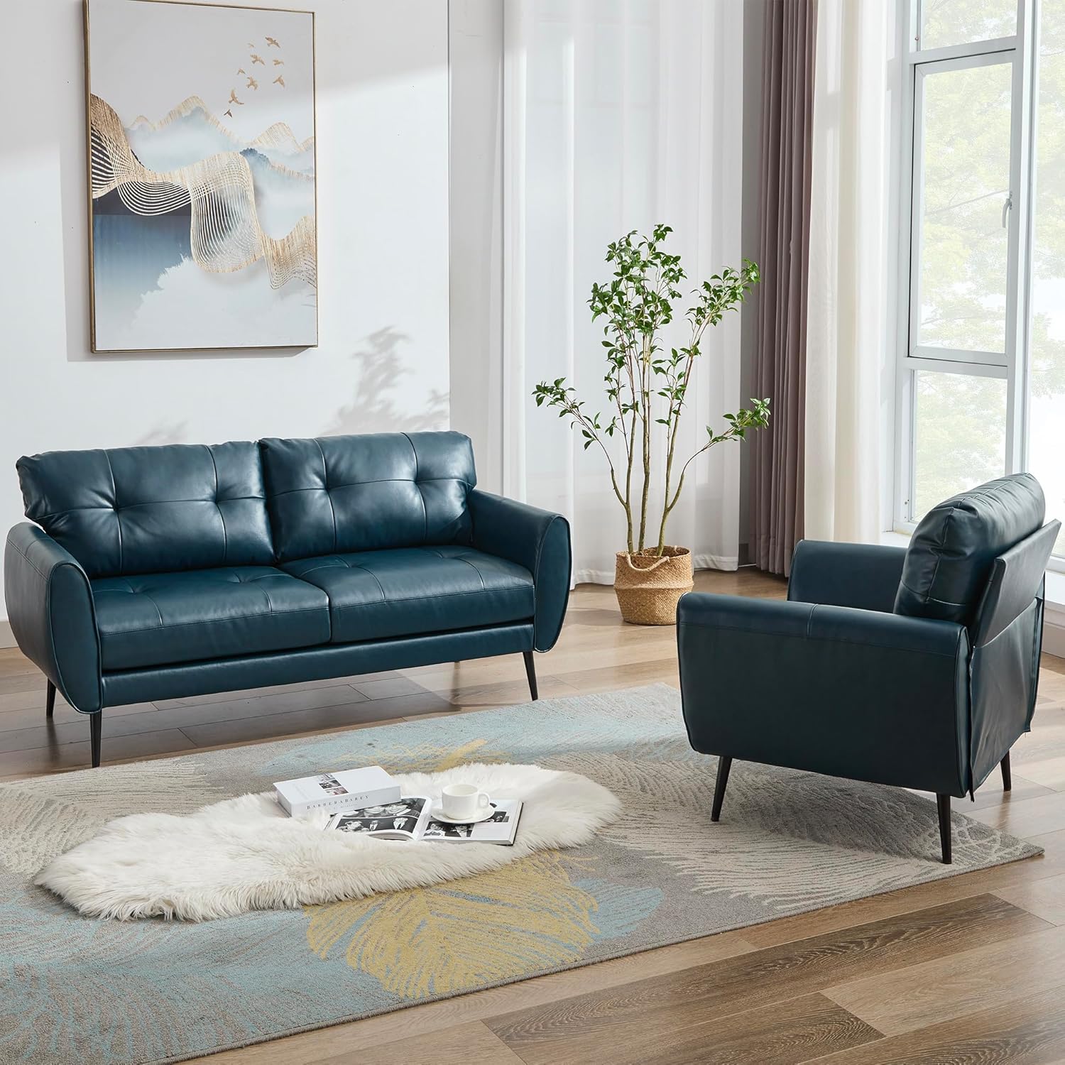 TYBOATLE Sofa Couch 61" Small Loveseat Couches for Living Room Leather Couch Mid Century Modern Tufted Mini Sofa Comfy Office 2 Seat Settee Love Seat Small Couches for Small Spaces Bedroom (2, Blue)