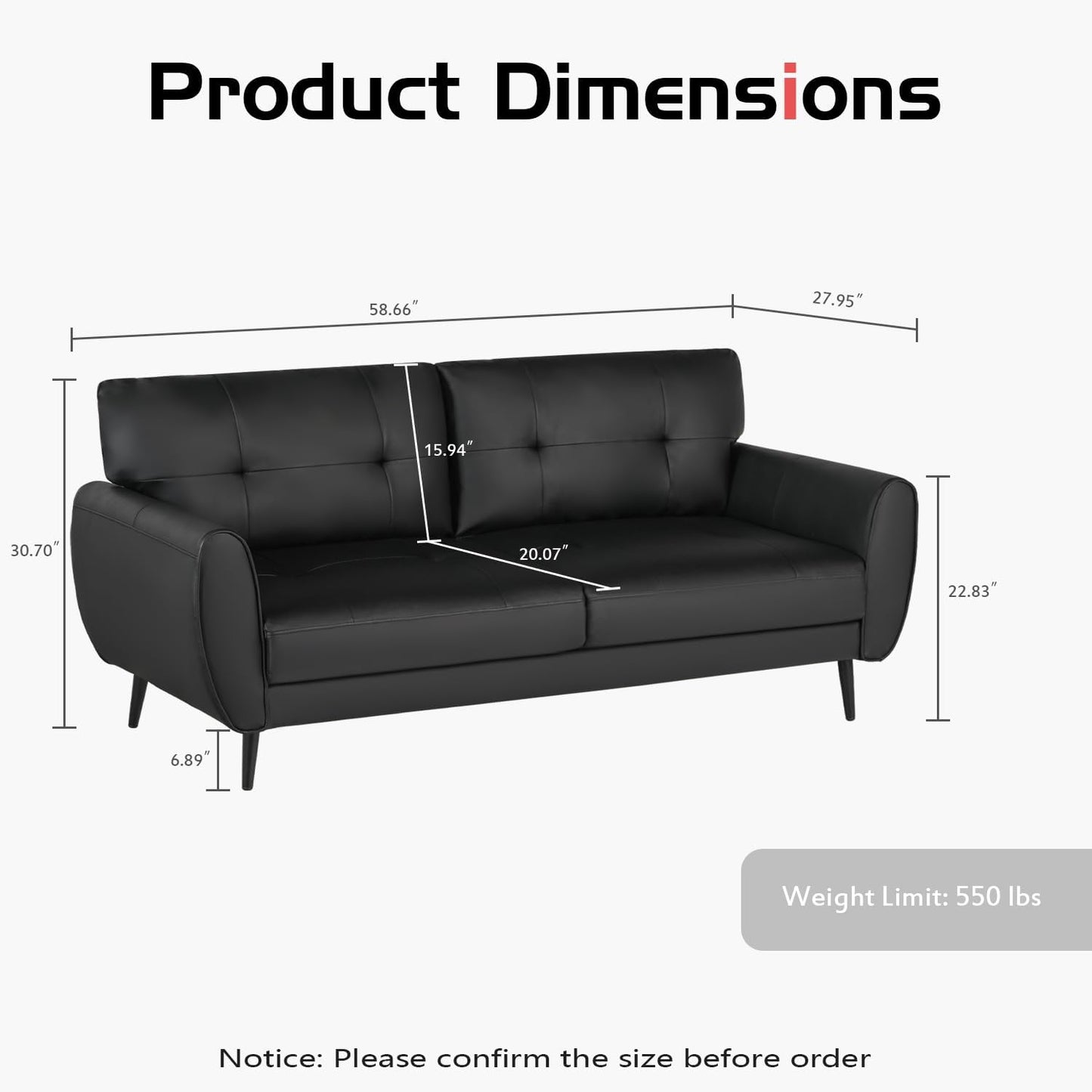 VAMEPOLE Sofa Couch, 60" Loveseat Sofa for Living Room, Mid Century Mini Black Couch, Tufted Leather Love Seat Furniture, Comfy Office Sofa 2 Seat, Small Couches for Small Spaces, Bedroom, Apartment