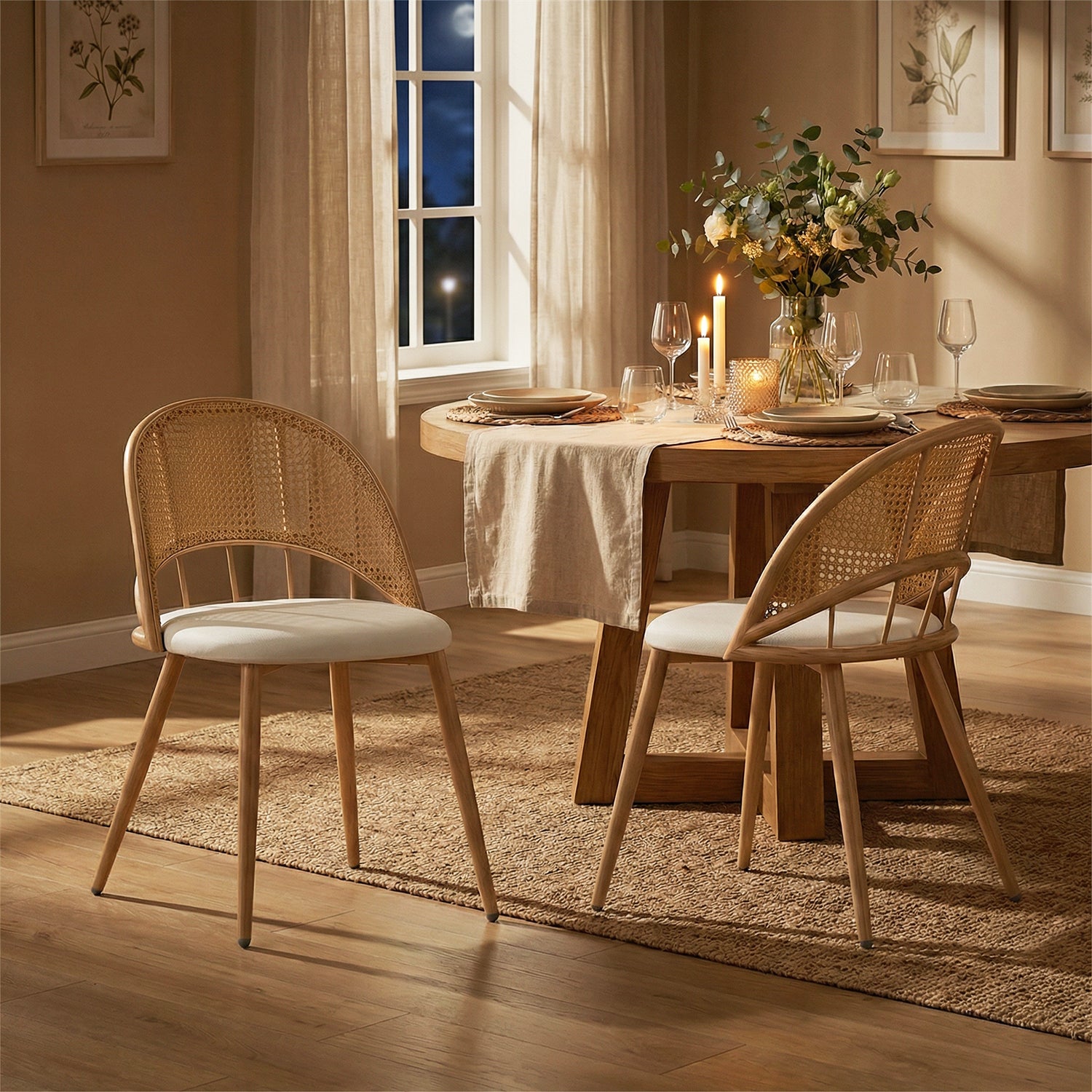 TYBOATLE Rattan Dinner Chairs Set of 2 with Faux Leather Cushion, Modern Dining Room Chairs w/Adjustable Foot Pads, Boho Kitchen Chairs Mid Century Upholstered, White