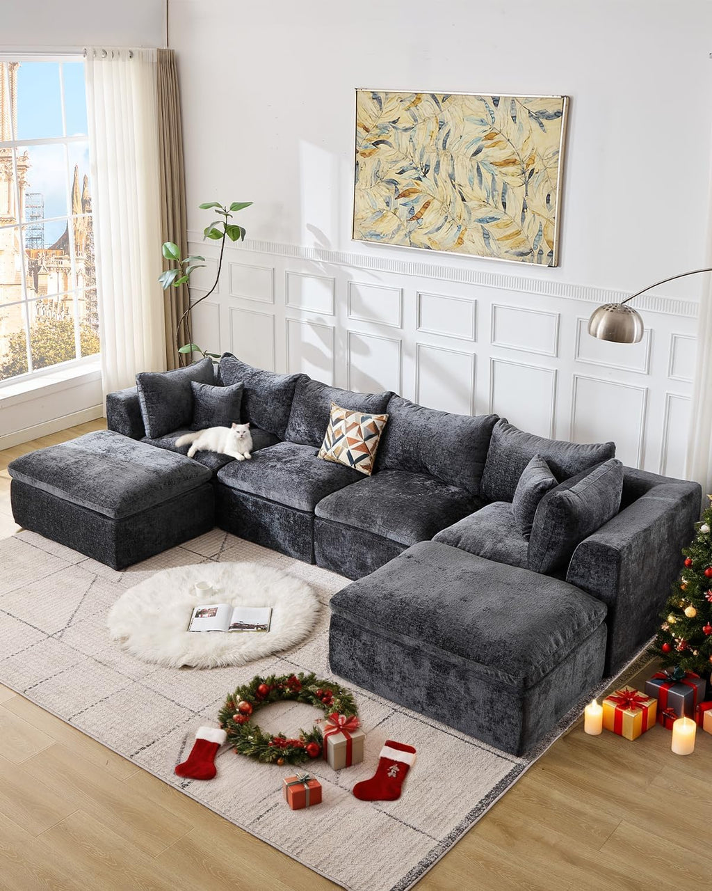 TYBOATLE 146’’ Grey Boneless Couch for Living Room, U Shaped Cloud Sectional Sofa w/Ottoman, Comfy Boneless Modular Couch w/Memory Foam