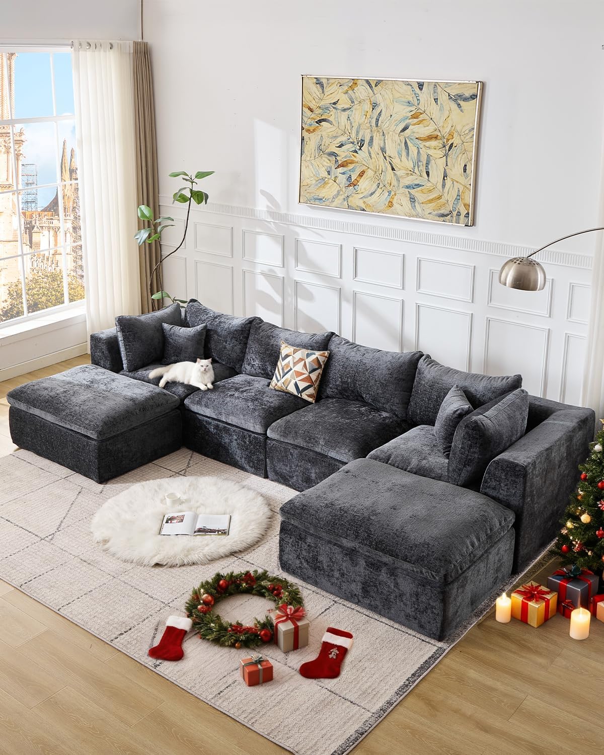 TYBOATLE 146’’ Grey Boneless Couch for Living Room, U Shaped Cloud Sectional Sofa w/Ottoman, Comfy Boneless Modular Couch w/Memory Foam