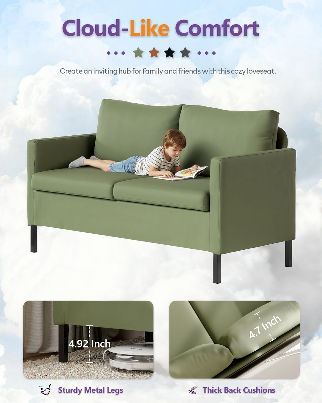 TYBOATLE Faux Leather Modern Small Couches for Small Spaces, Comfy Upholstered Love Seat for Bedroom, 2 Seater Mini Couch for Apartment, Dorm, Office, Green