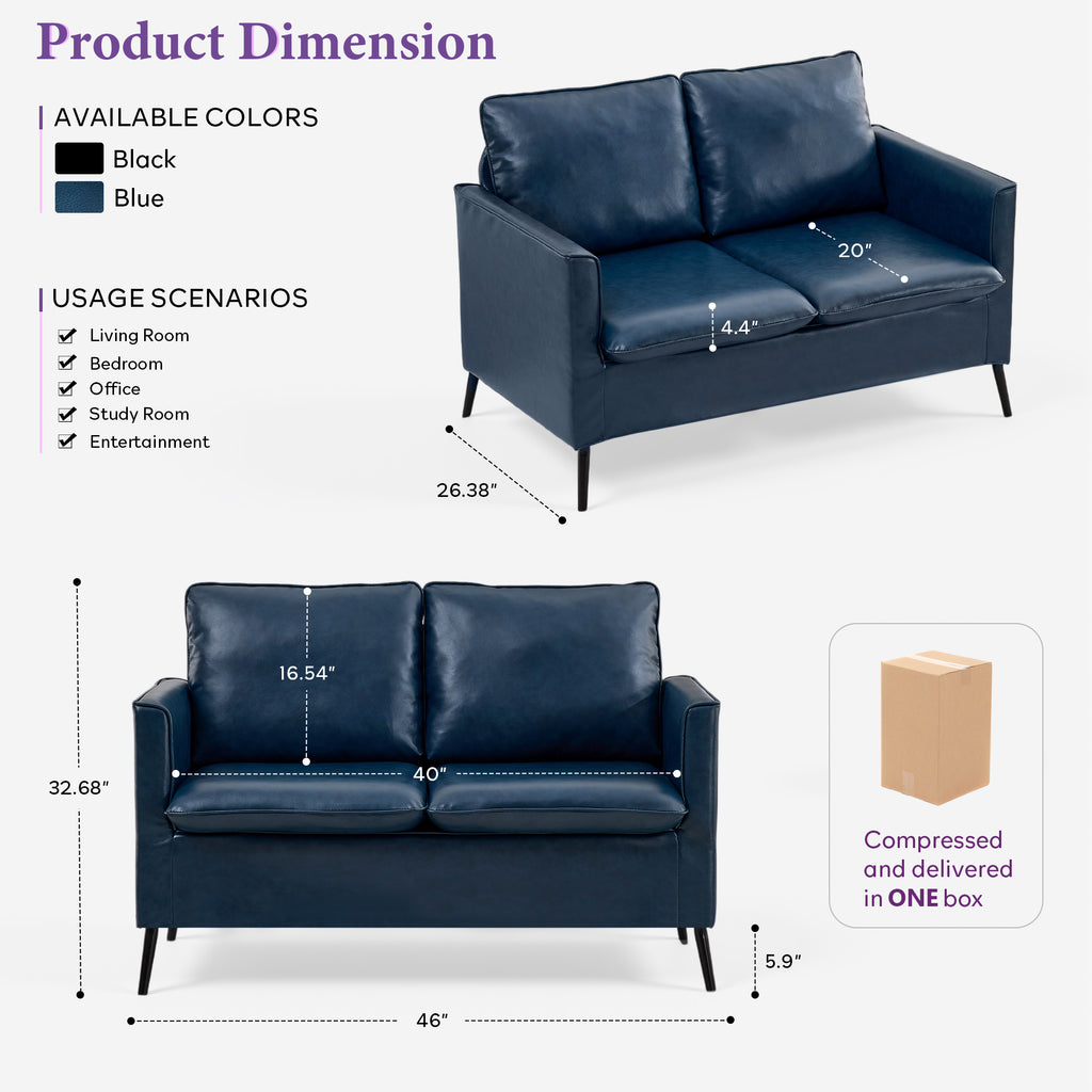 TYBOATLE Faux Leather Loveseat Sofa, Small 2 Seater Couch (Blue, 1) TYBOATLE, Mid-Century Modern, Comfy, Small Spaces, Living Room, Bedroom, Apartment, Office, Dorm