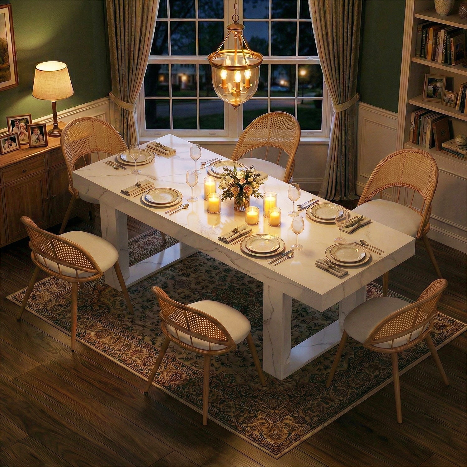 TYBOATLE 71''-87'' Extendable Dining Table Set for 6, Farmhouse Wooden Dining Room Table Set, 7 Piece Dinner Table Set with Upholstered Rattan Dining Chairs (Natural & White, 71''-87''- 6 Chairs)