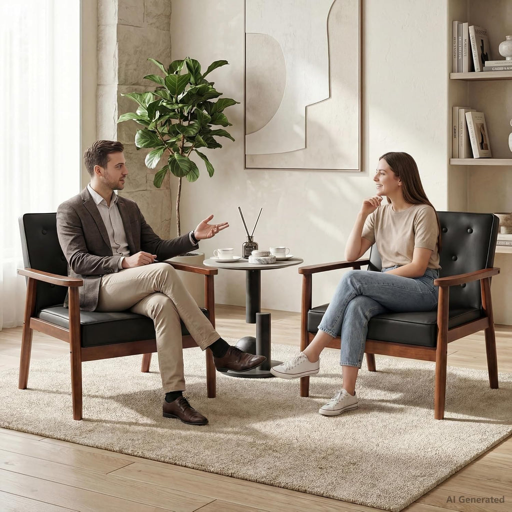 JIASTING Black Accent Chairs Set of 2, Faux Leather Chairs with Solid Wood Armrest