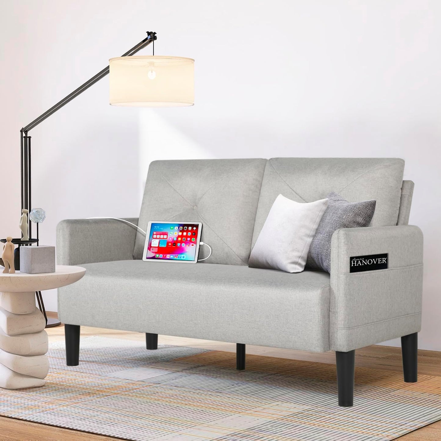 CHYMSUN Loveseat Sofa, 3 Pieces Set Mid Century Modern Sofa Couch w/ 2 USB & Side Pocket, Tufted Small Love Seat Sofas for Living Room, Small Spaces, Office, Apartment Furniture (3, Light Grey)