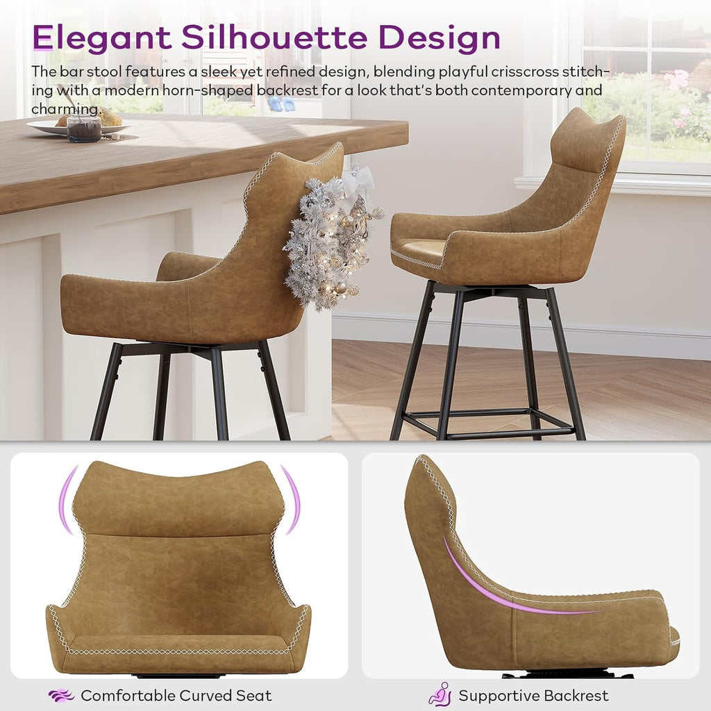 TYBOATLE 26” High Back Leather Swivel Bar Stools Set of 2, Counter Height Bar Stools with Metal Legs, Height-Adjustable Upholstered Faux Leather Barstools for Kitchen Counter, Brown