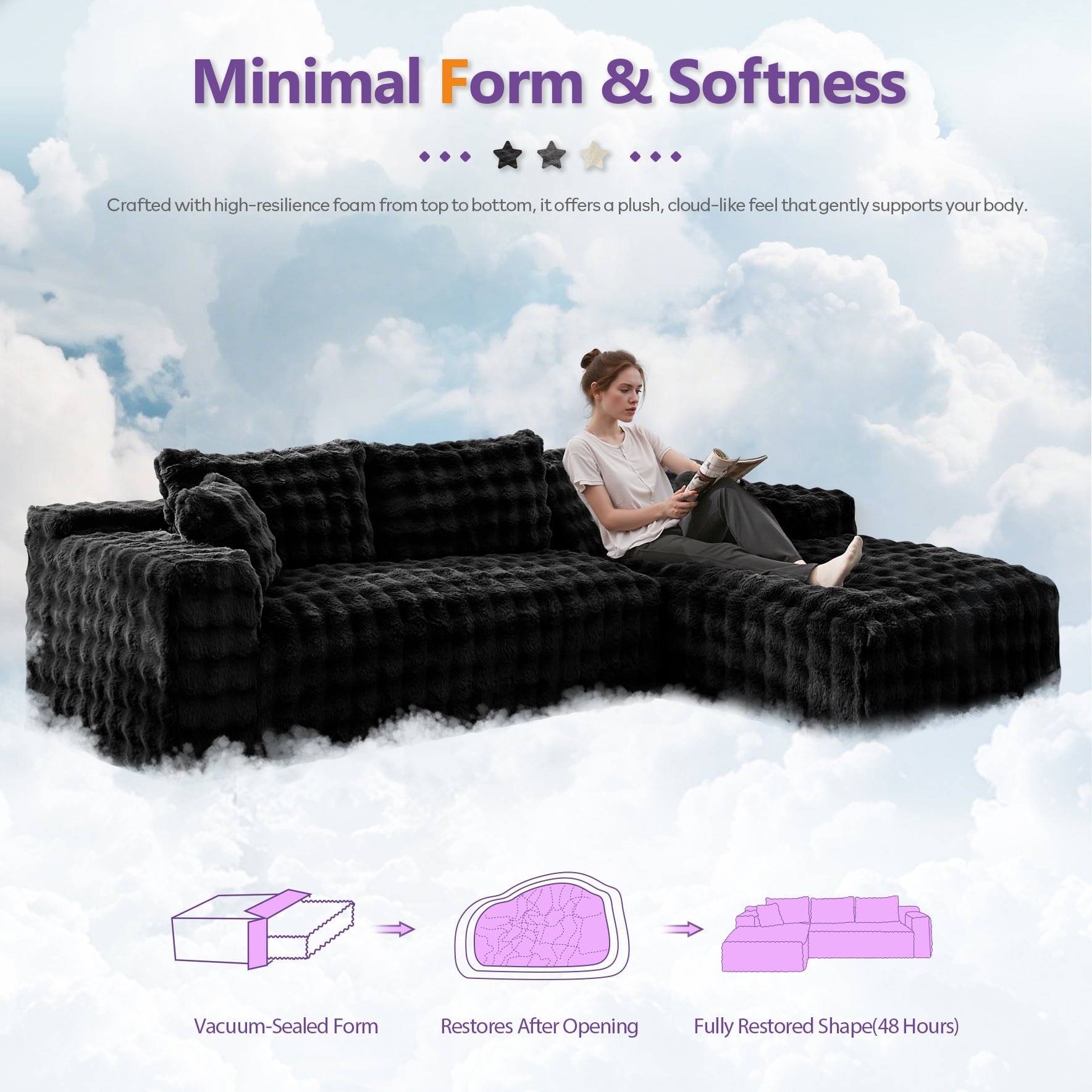 TYBOATLE 110’’ Boneless Slow-Rebound Memory Foam Couch, Cloud Sectional Couches for Living Room w/Upgraded Fabric, Deep Seat Comfy Fluffy L Shaped Modular Sectional Sofa (Black, Right Facing Chaise)