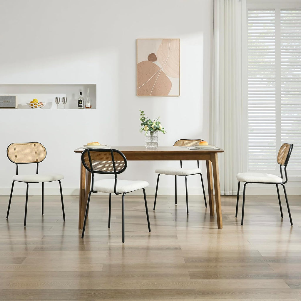 TYBOATLE Dining Chairs Set of 4 Rattan Kitchen Chairs White Boucle Boho Dining Room Chairs Mid Century Modern Woven Upholstered Chair with Metal Leg Cane Chairs (4, White)