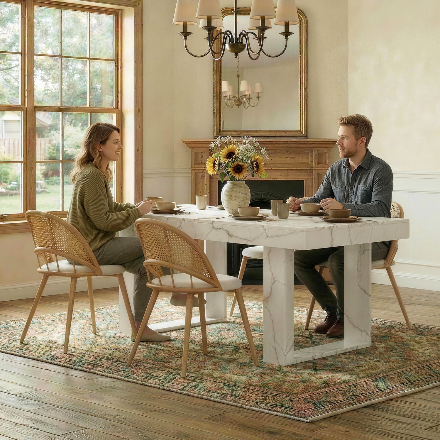 TYBOATLE 71''-87'' Extendable Dining Table Set for 4, Farmhouse Wooden Dining Room Table Set, 5 Piece Dinner Table Set with Upholstered Rattan Dining Chairs (Natural & White, 71''-87''- 4 Chairs)