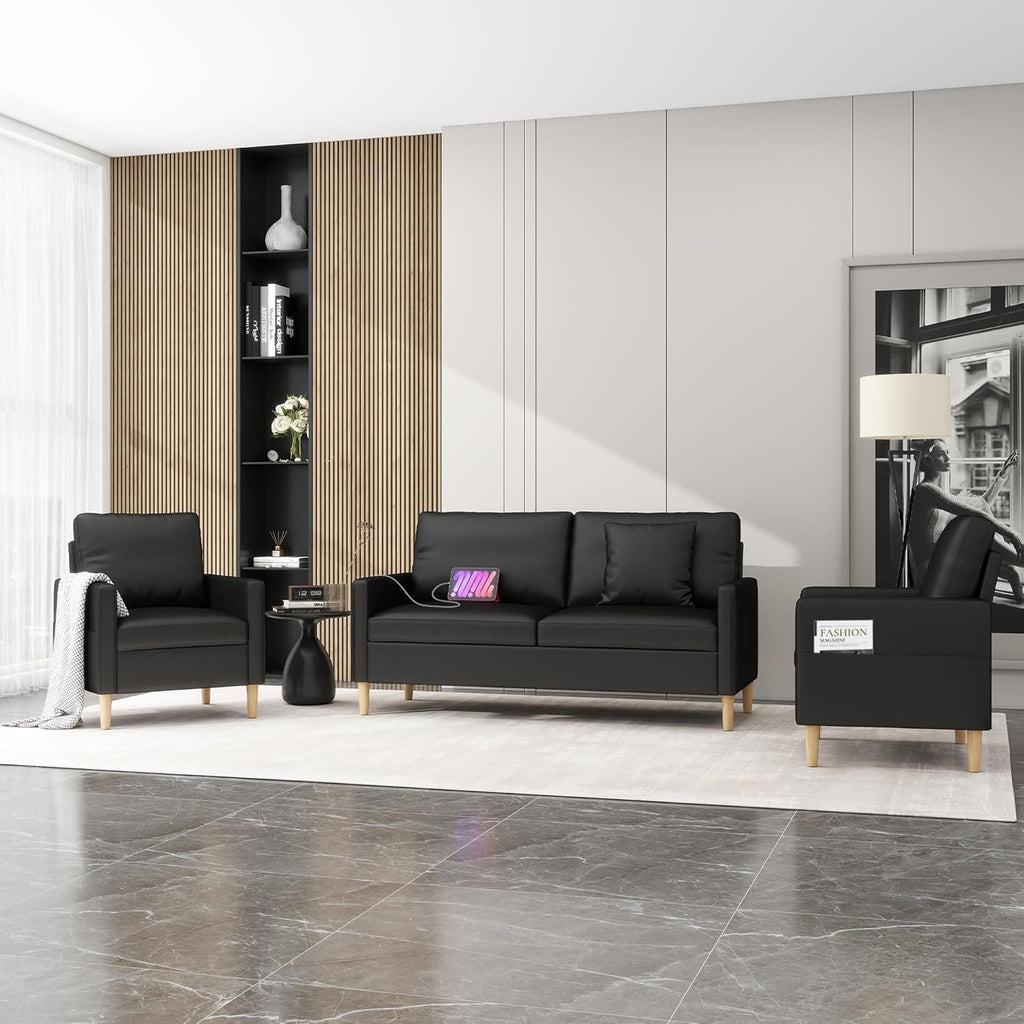TYBOATLE Black Faux Leather Sofa Couches w/USB, 3 Piece Living Room Set, Mid-Century Modern Loveseat 2 Seater Office Small Couch Love Seat for Small Space, Bedroom, Apartment