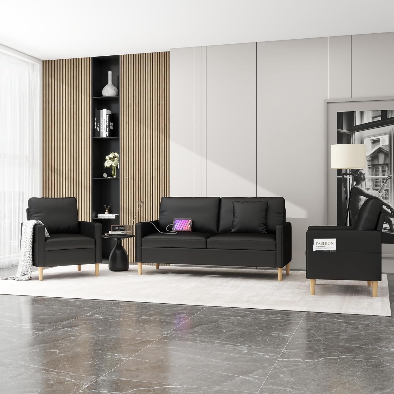 TYBOATLE Black Faux Leather Sofa Couches w/USB, 3 Piece Living Room Set, Mid-Century Modern Loveseat 2 Seater Office Small Couch Love Seat for Small Space, Bedroom, Apartment