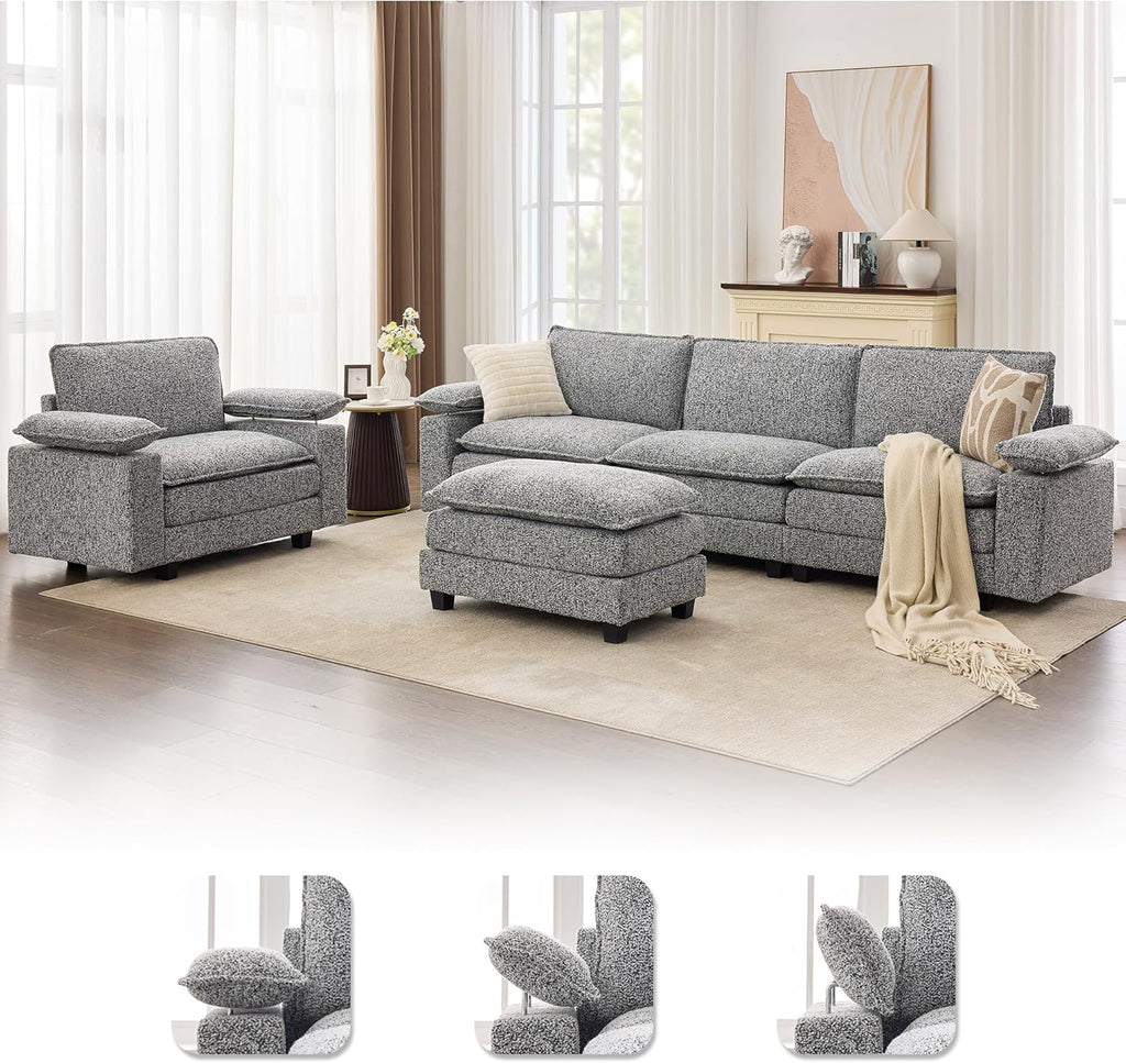 TYBOATLE 122'' Sofa Set for Living Room, Premium Kapok Fiber Sectional Couch with Chairs & Ottoman, Comfy Cloud Couch w/Wider Armrest, Deep Seat Upholstered Modular Sofa for Appartment, Grey