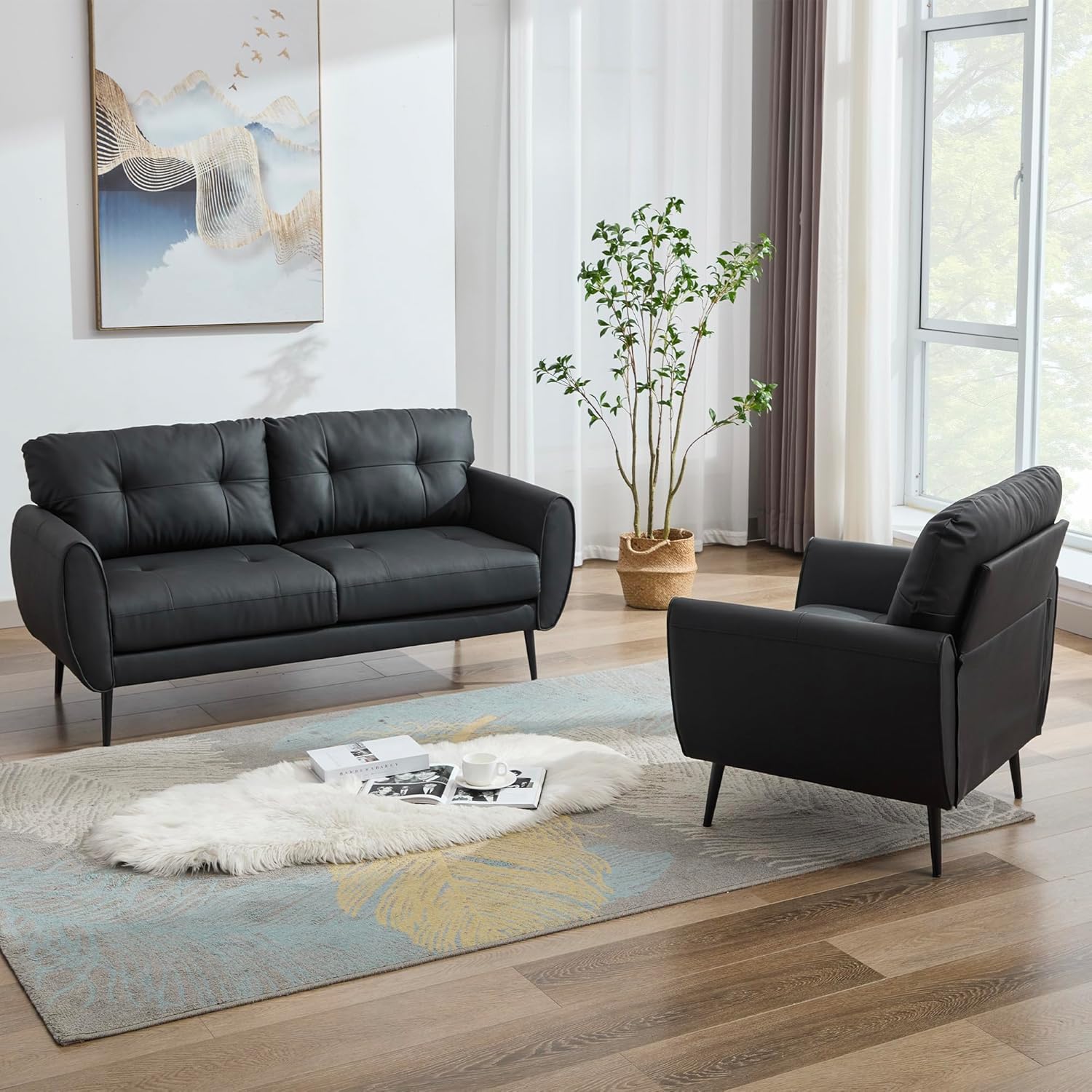 TYBOATLE Sofa Couch 61" Small Loveseat Couches for Living Room Leather Couch Mid Century Modern Tufted Mini Sofa Comfy Office 2 Seat Settee Love Seat for Small Spaces Bedroom (2, Black)