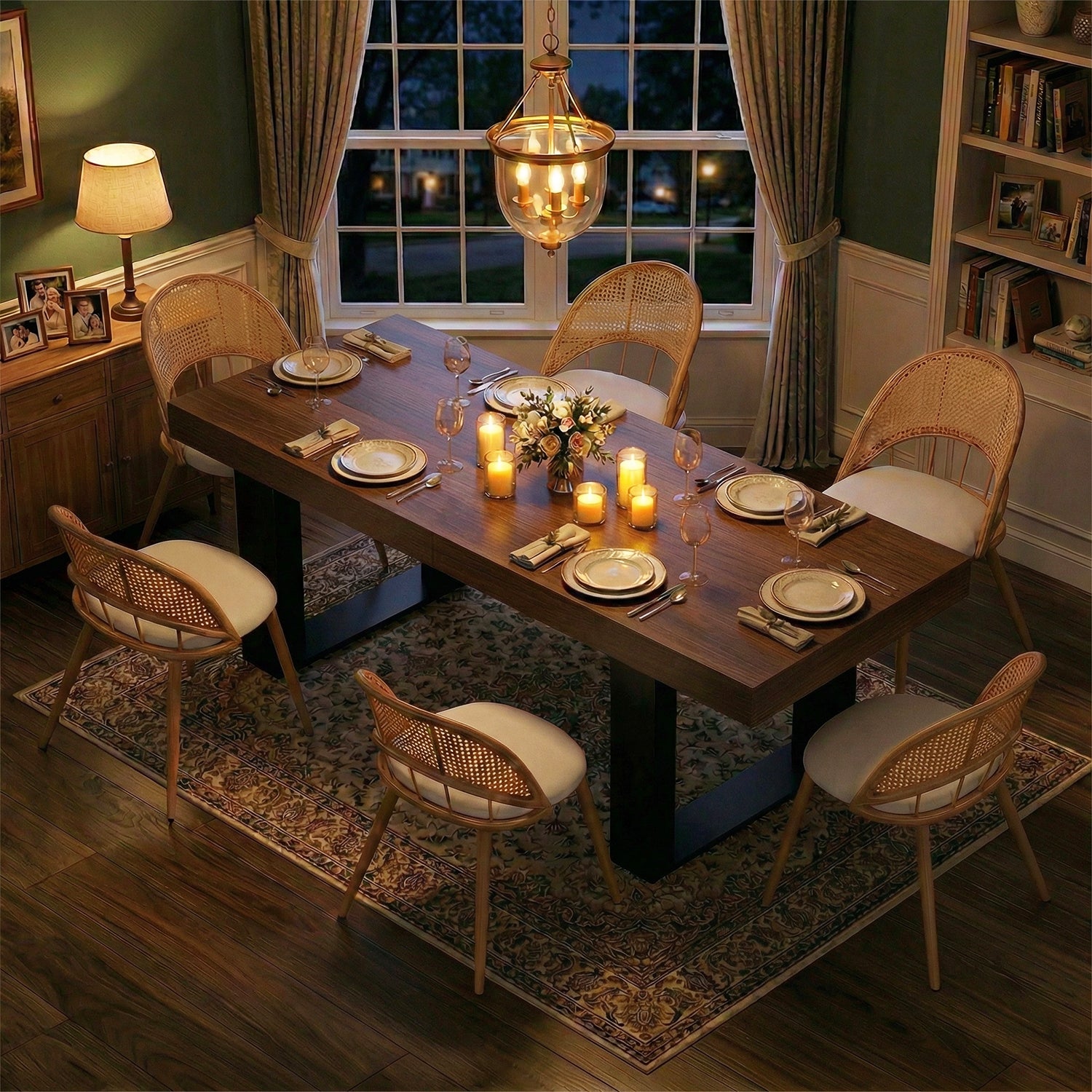 TYBOATLE 71''-87'' Extendable Dining Table Set for 6, Farmhouse Wooden Dining Room Table Set, 7 Piece Dinner Table Set with Upholstered Rattan Dining Chairs (Brown & White, 71''-87''- 6 Chairs)