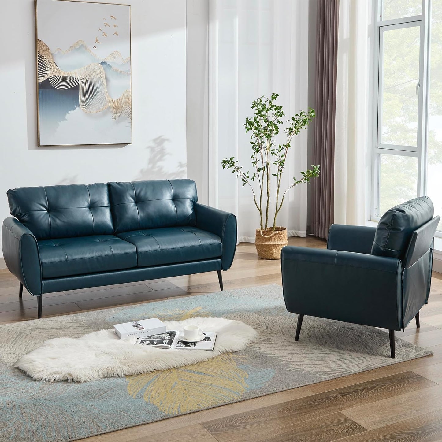 TYBOATLE Sofa Couch 61" Small Loveseat Couches for Living Room White Leather Couch Mid Century Modern Tufted Mini Sofa Comfy Office 2 Seat Settee Love Seat Small Couches for Small Spaces Bedroom (2, Blue)