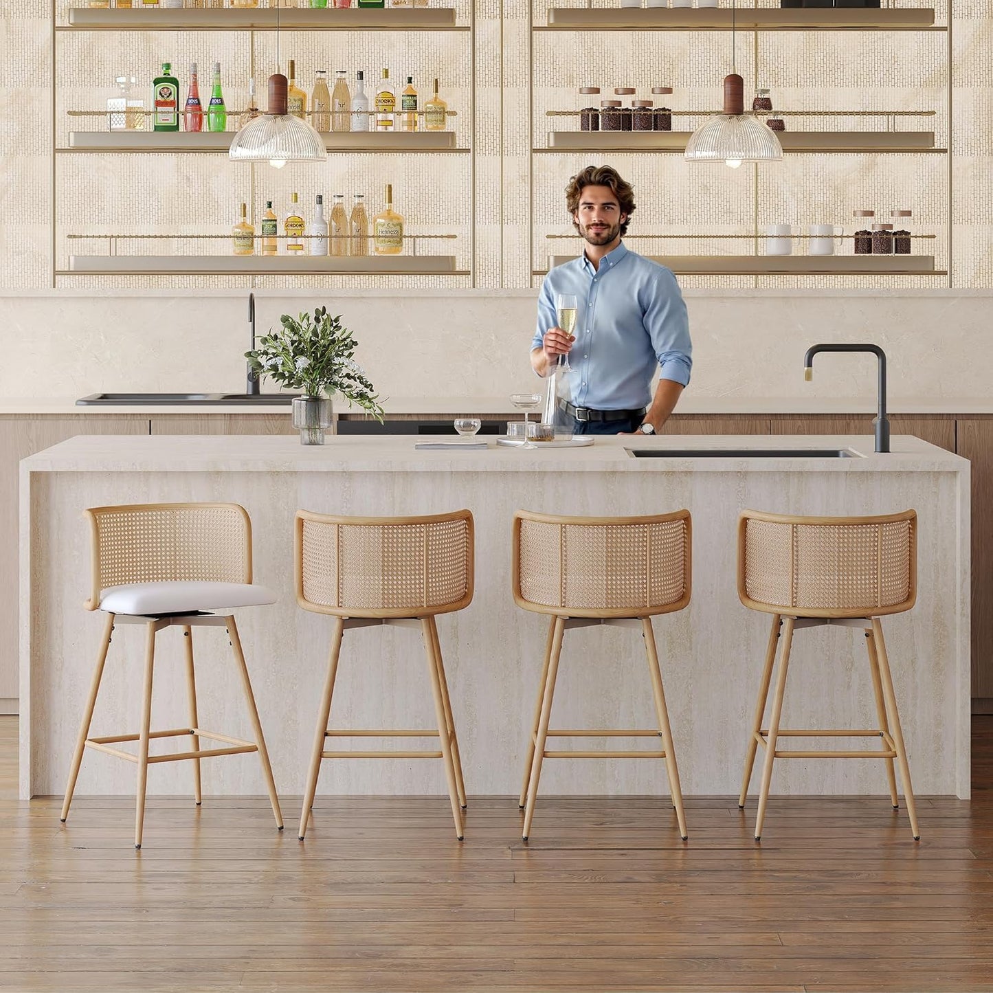 TYBOATLE Swivel Rattan Bar Stools Set of 4, 26” Counter Height Stools with Natural Rattan Woven Back and Faux Leather Seat, Mid-Century Modern Island Chairs Barstools for Kitchen, White