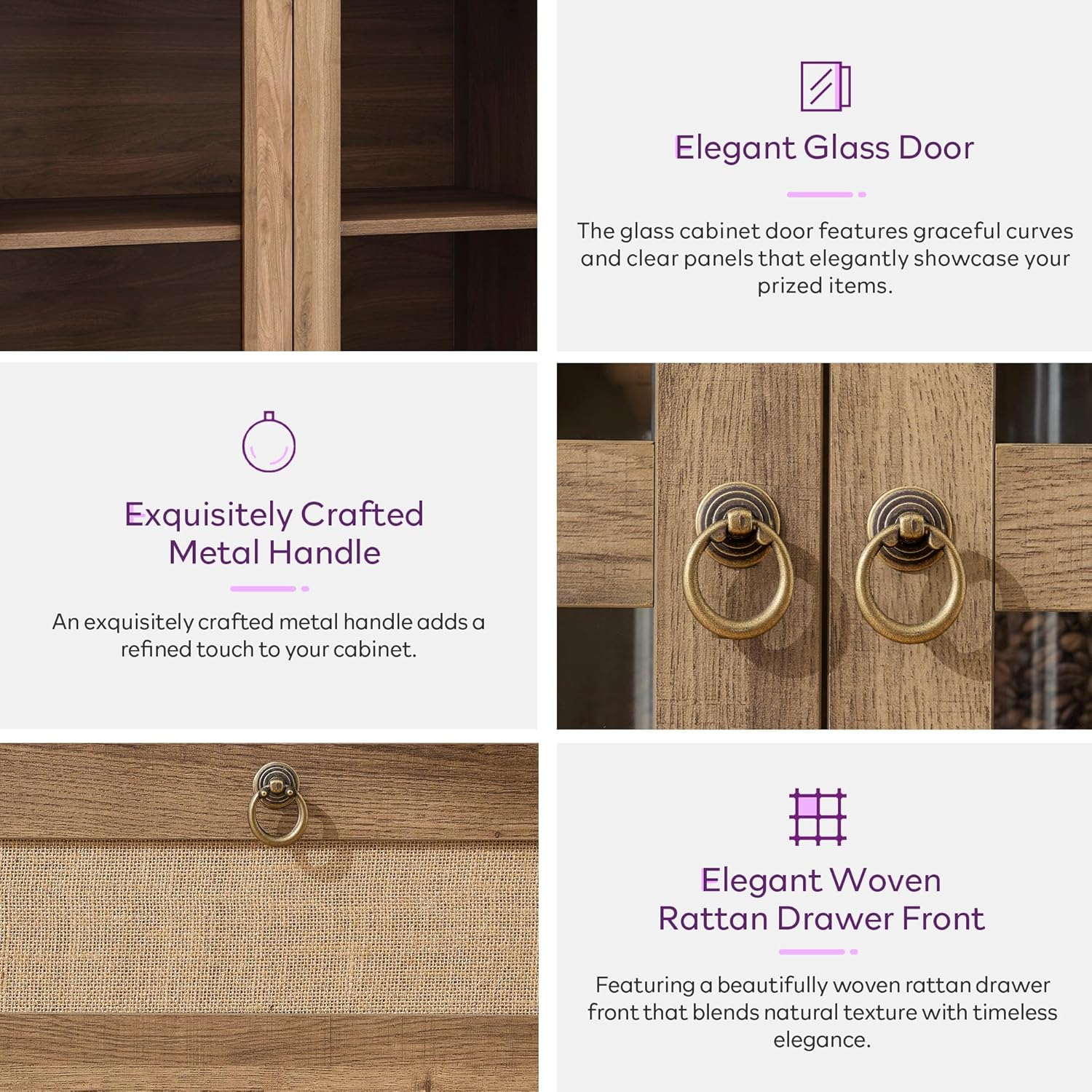 TYBOATLE 71" Tall Arched Pantry Cabinet with Innovative Drawer, Kitchen Cabinet with Anti-Tipping Device and Glass Door, Versatile Cupboard for Kitchen, Dining, Natrual