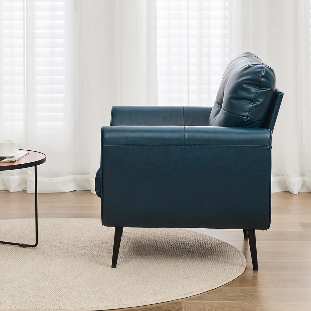 TYBOATLE Accent Chair, Comfy Modern Living Room Blue Leather Reading Accent Chairs Tufted Mid Century Arm Chair Small Salon Chair for Office Bedroom (1, Blue)