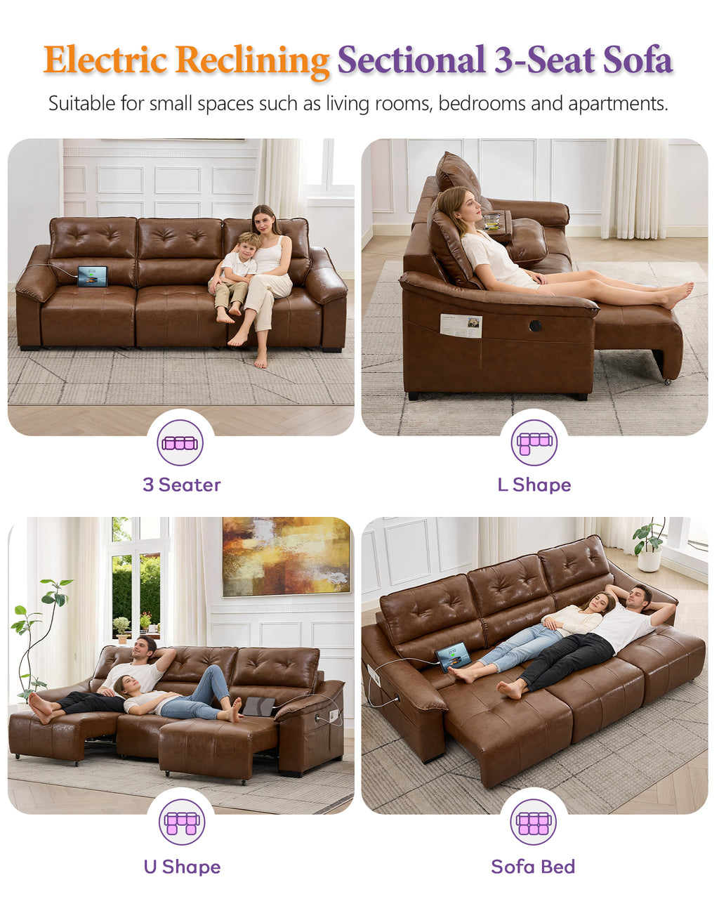 TYBOATLE Electric Reclining Sectional Couch, Power Recliner Sofa w/USB & Type-C Charging Ports and Cup Holders, Leather Reclining Sofa for Living Room, Home Theater (Brown)