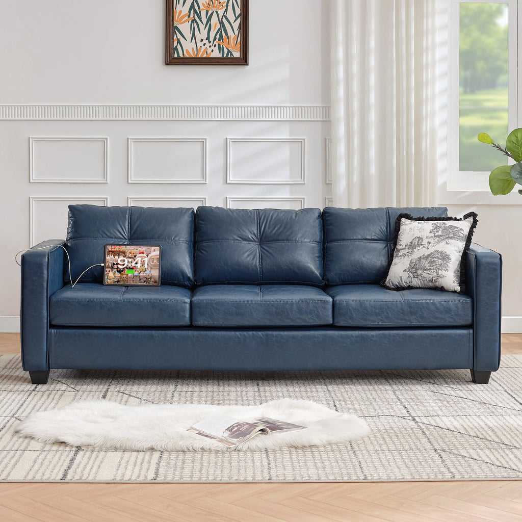 TYBOATLE 88" W Faux Leather Couch w/Side Pockets, Mid-Century Modern Tufted Comfy Leather Couches w/USB and Wider Arms, 3 Seater Sofa for Office, Apartment, Bedroom, Blue (Blue, 3 Seater)