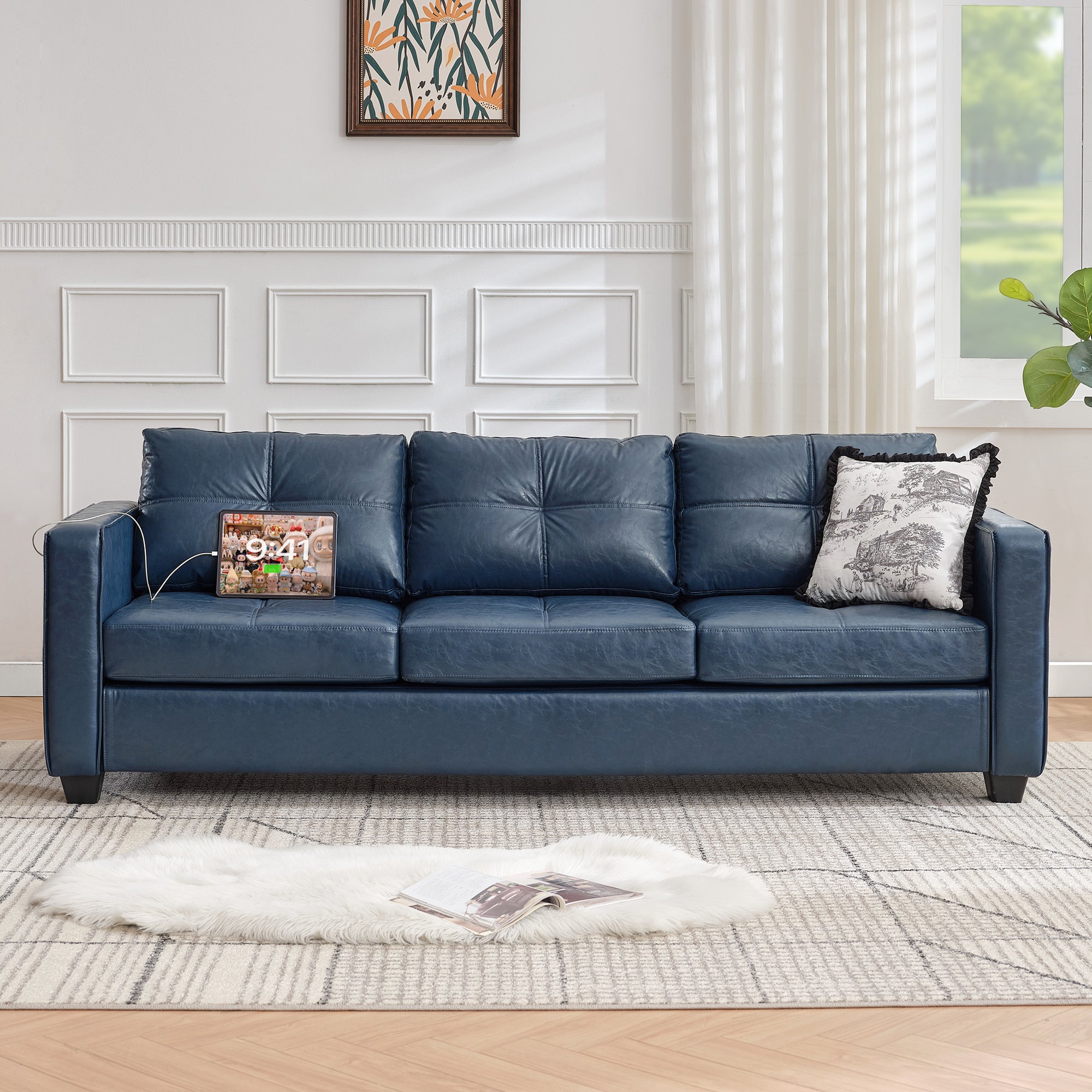 TYBOATLE 88" W Faux Leather Couch w/Side Pockets, Mid-Century Modern Tufted Comfy Leather Couches w/USB and Wider Arms, 3 Seater Sofa for Office, Apartment, Bedroom, Blue (Blue, 3 Seater)