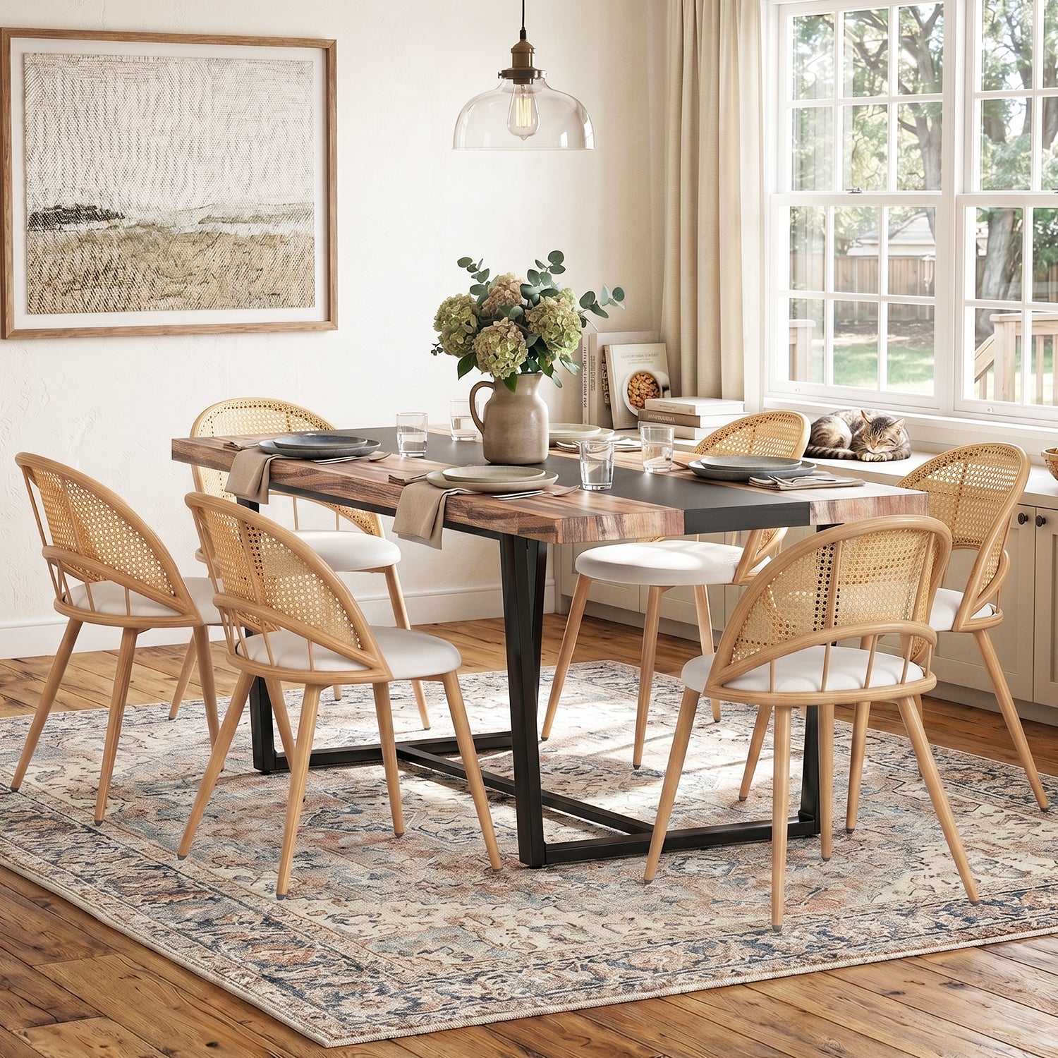TYBOATLE Farmhouse Dining Table Set for 4, 5 Piece Kitchen Table Set, Wooden Dining Table with 4 Boho Rattan Chairs, MDF Wood Top, Durable Frame, Easy-Clean Surface (Brown-6 Chairs, Metal Leg)