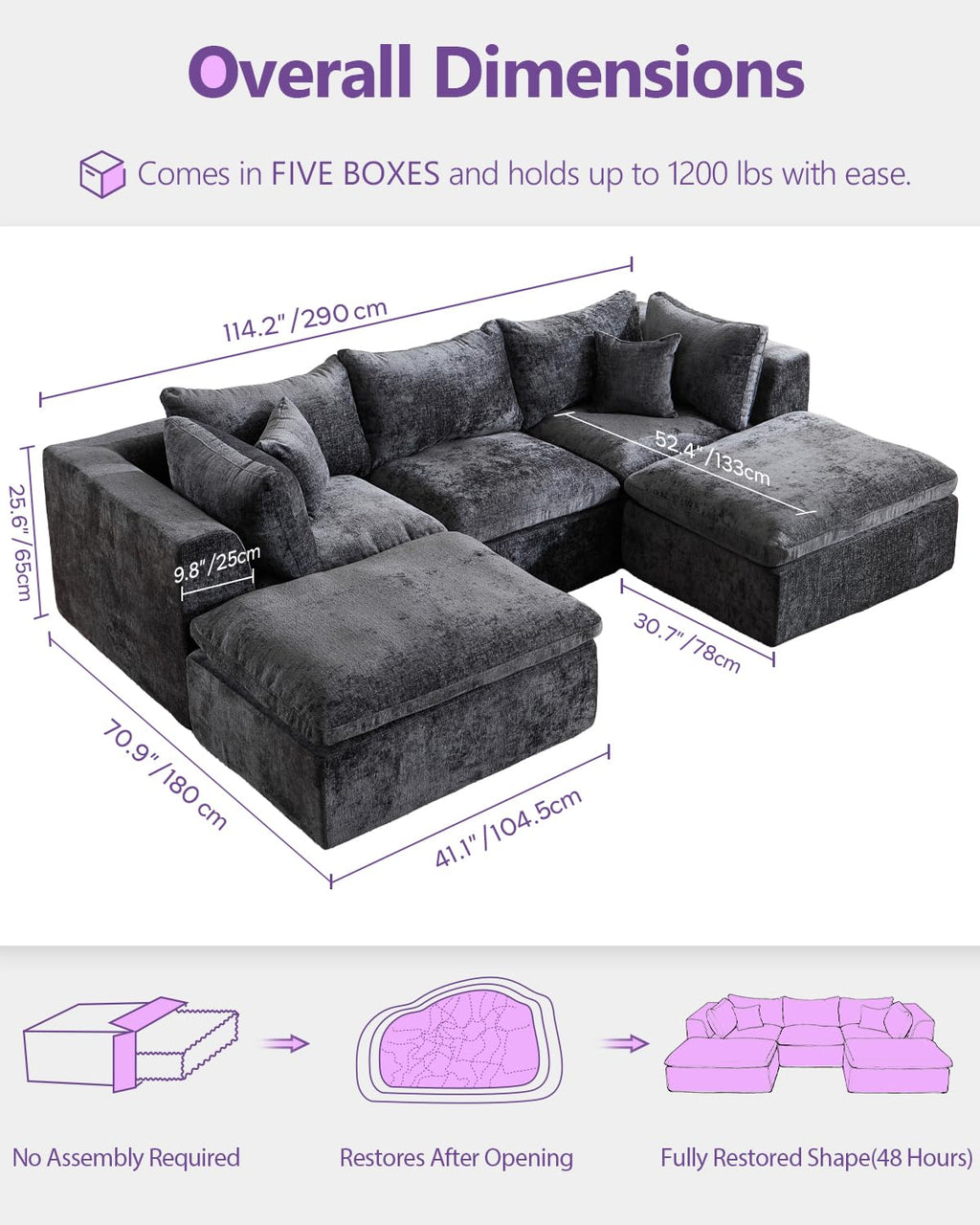 TYBOATLE 114’’ Grey Boneless Couch for Living Room, L Shaped Cloud Sectional Sofa w/Ottoman, Comfy Boneless Modular Couch w/Memory Foam, Grey